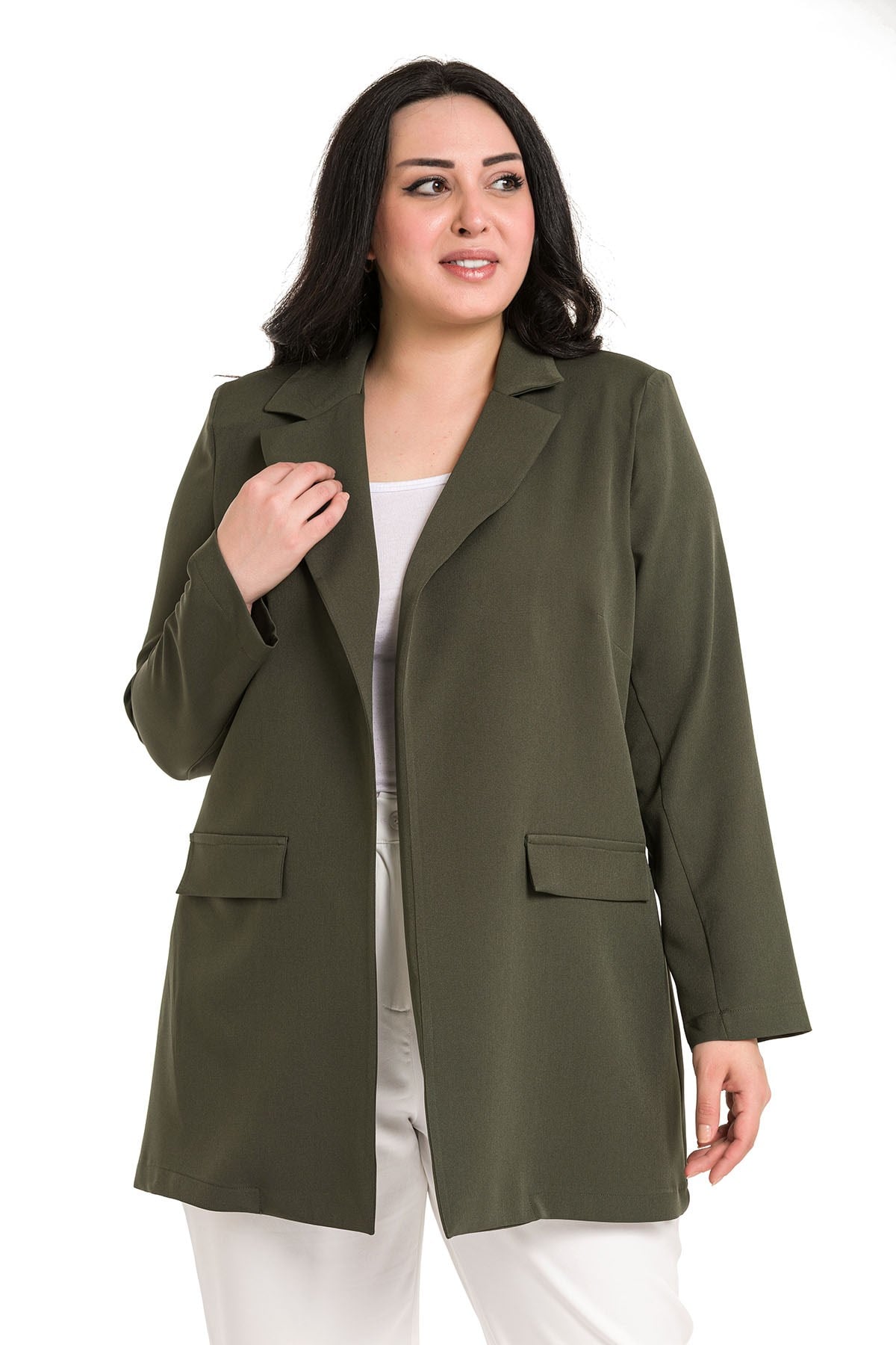 Plus Size Mono Collar Ornamental Pocket Flap Khaki Unlined Jacket