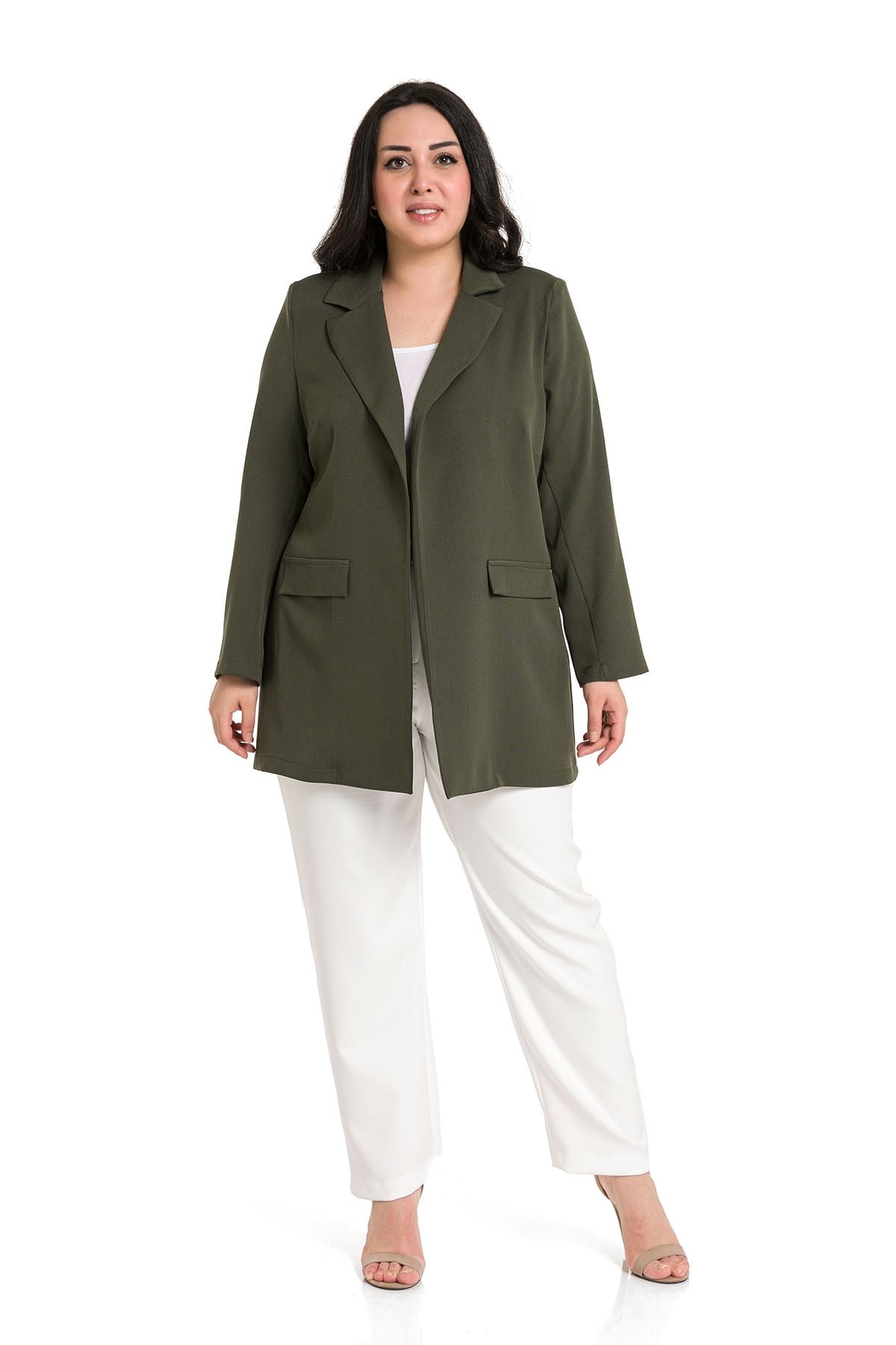 Plus Size Mono Collar Ornamental Pocket Flap Khaki Unlined Jacket