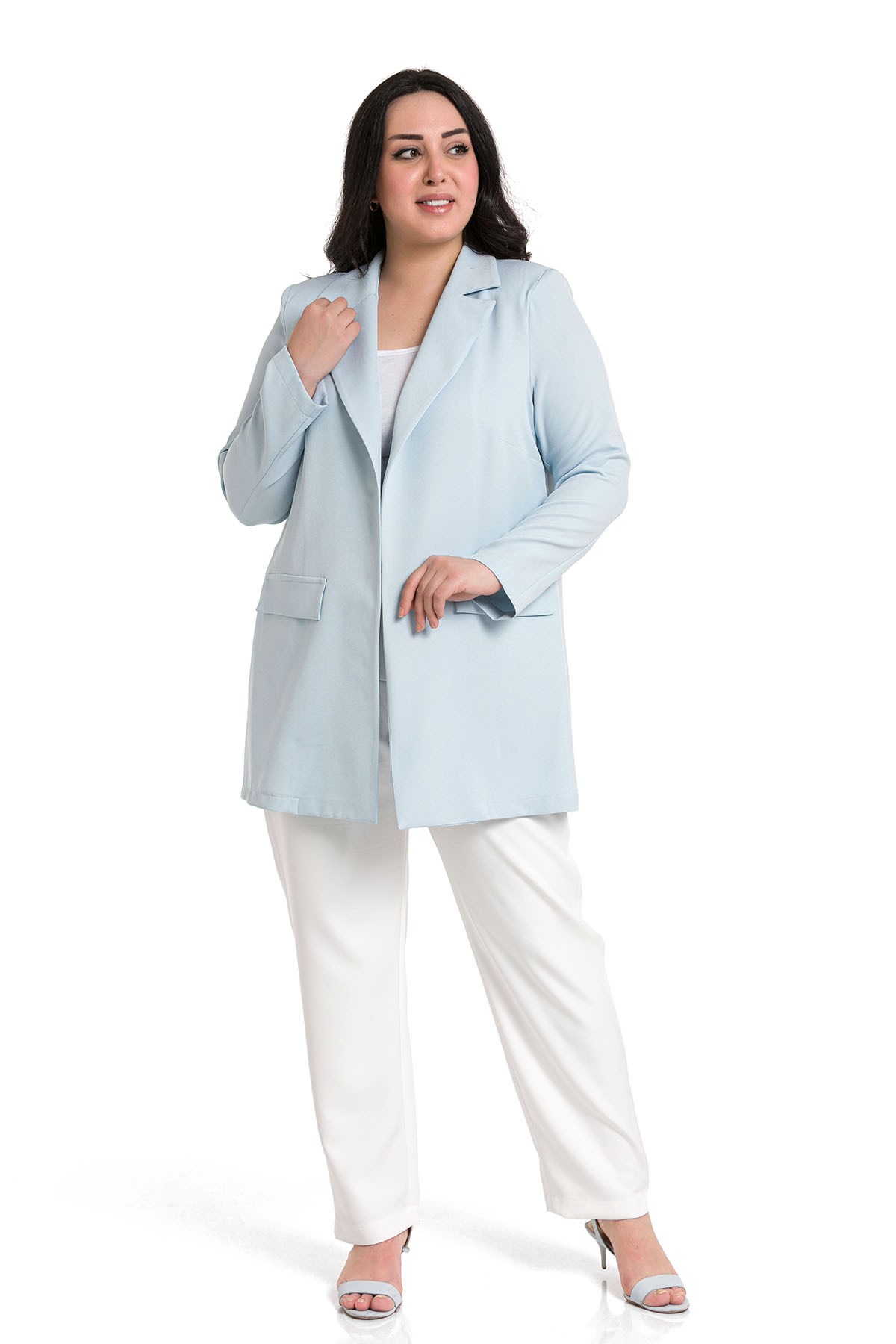 Plus Size Mono Collar Ornamental Pocket Flap Baby Blue Unlined Jacket