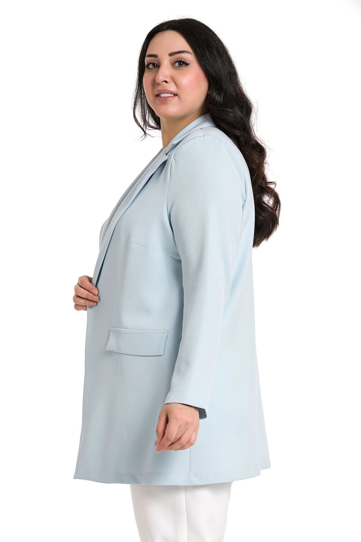 Plus Size Mono Collar Ornamental Pocket Flap Baby Blue Unlined Jacket