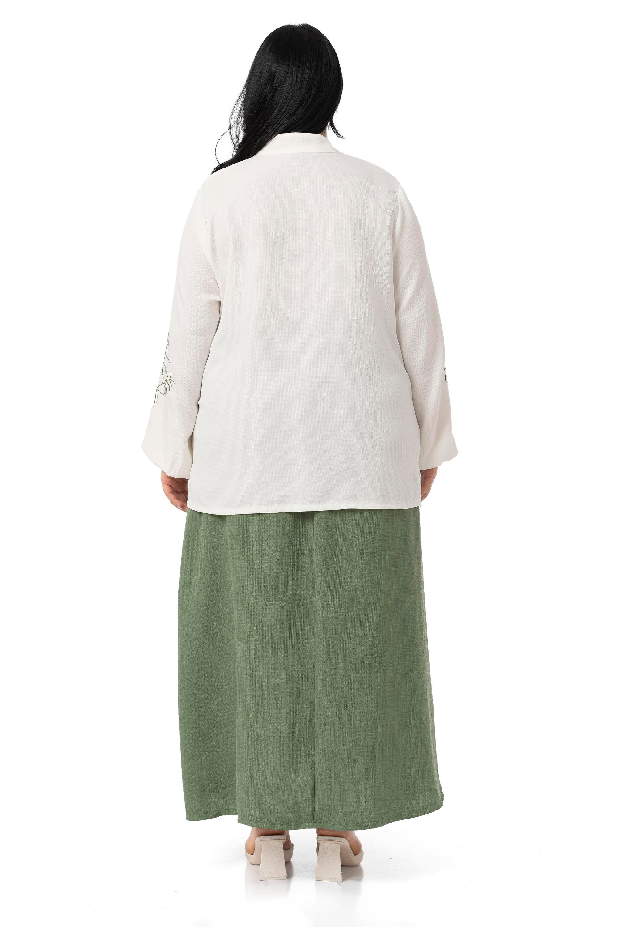 Büyük Beden Nakış Detaylı Bluz Etek Haki İkili Takım