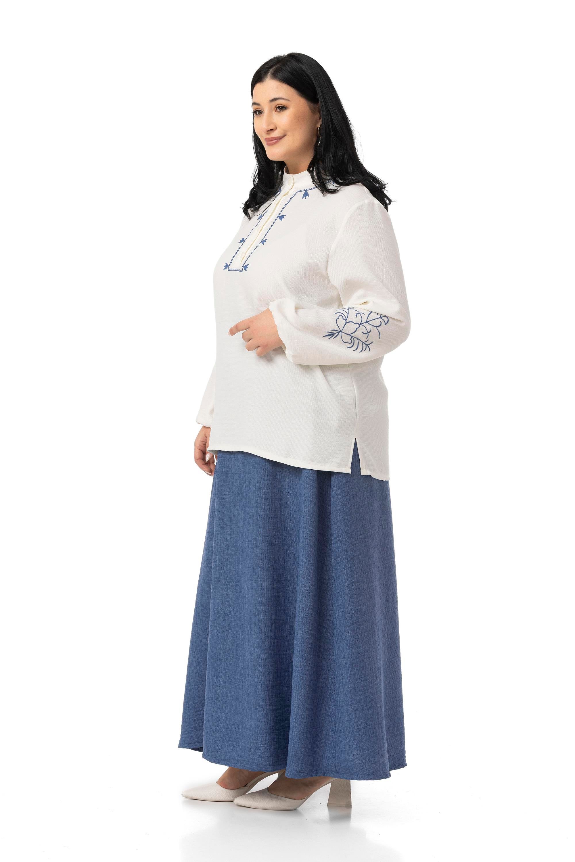 Büyük Beden Nakış Detaylı Bluz Etek İndigo İkili Takım
