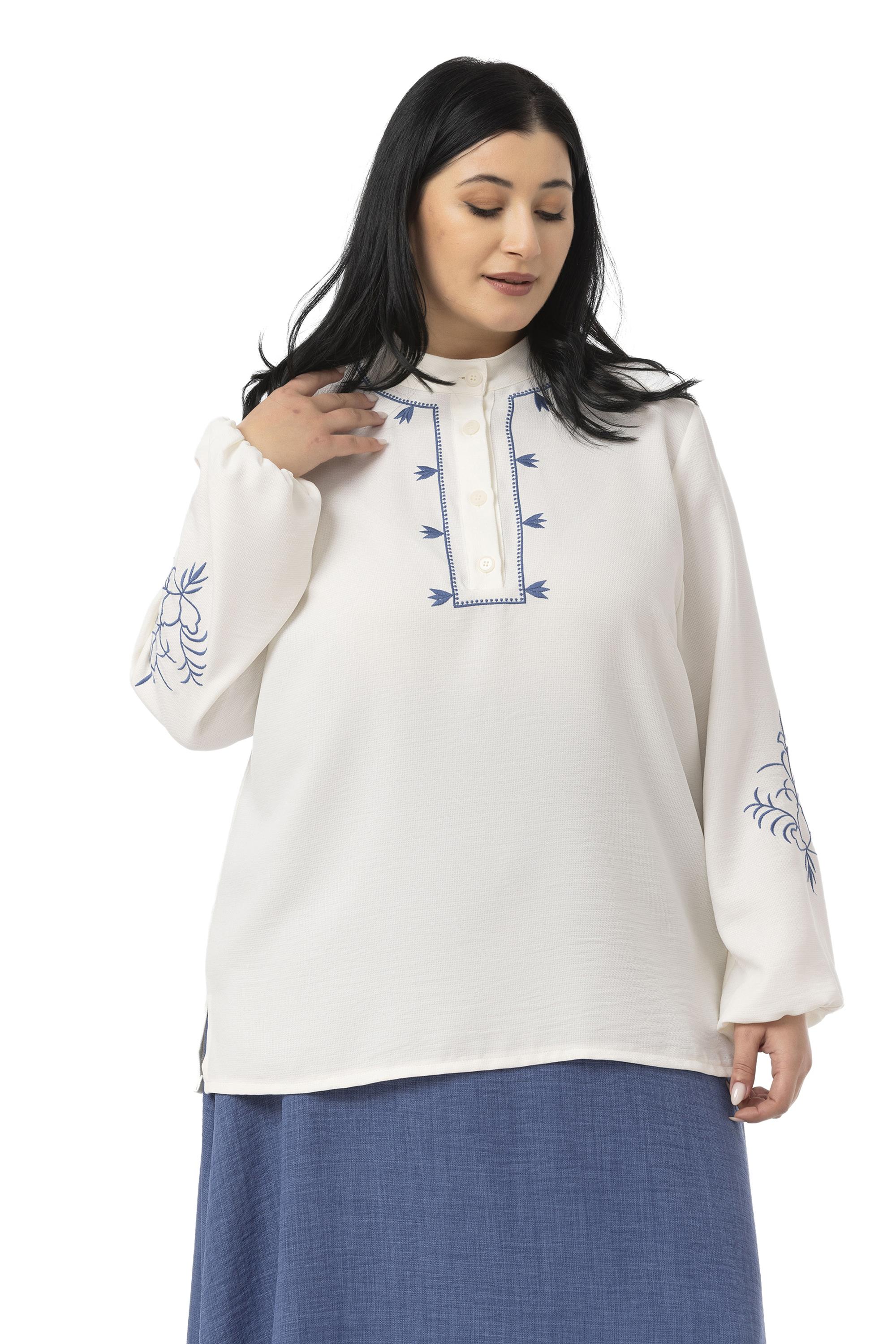 Büyük Beden Nakış Detaylı Bluz Etek İndigo İkili Takım