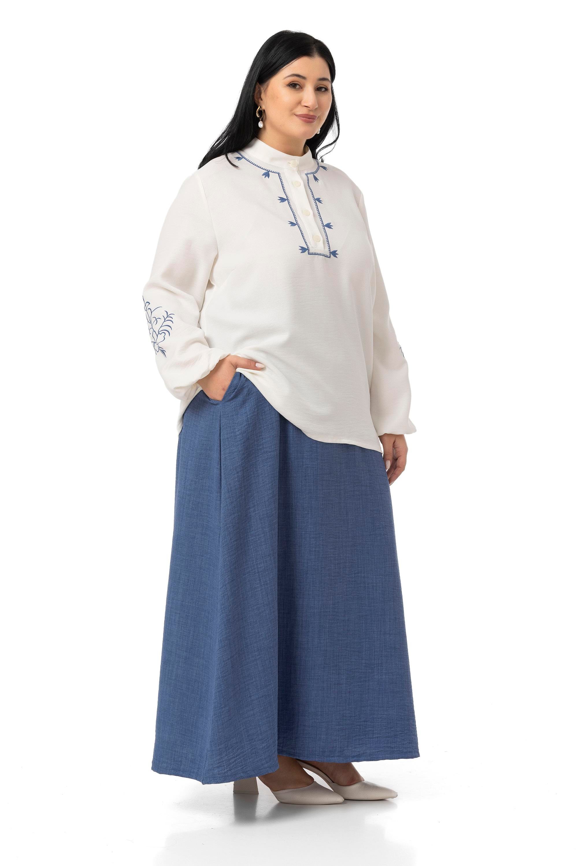 Büyük Beden Nakış Detaylı Bluz Etek İndigo İkili Takım