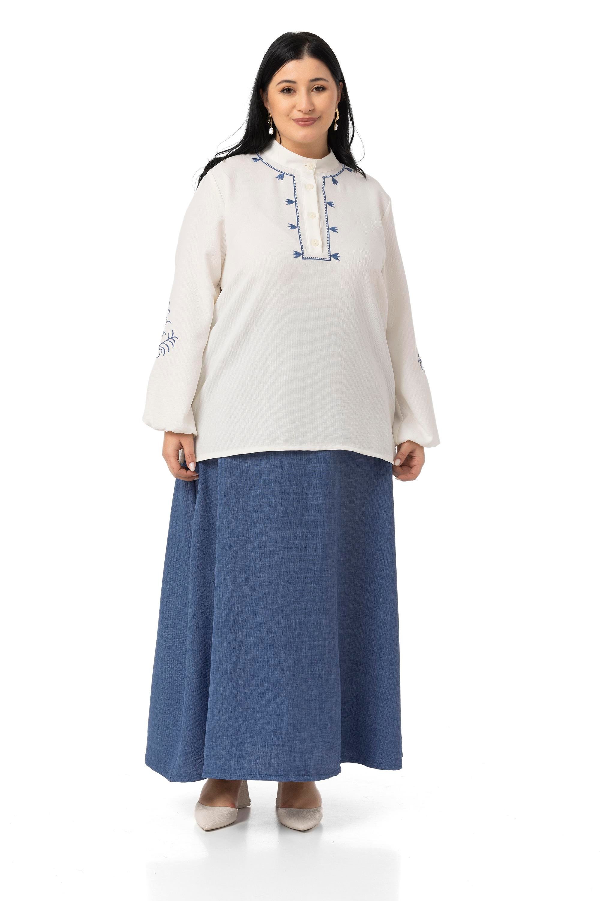 Büyük Beden Nakış Detaylı Bluz Etek İndigo İkili Takım