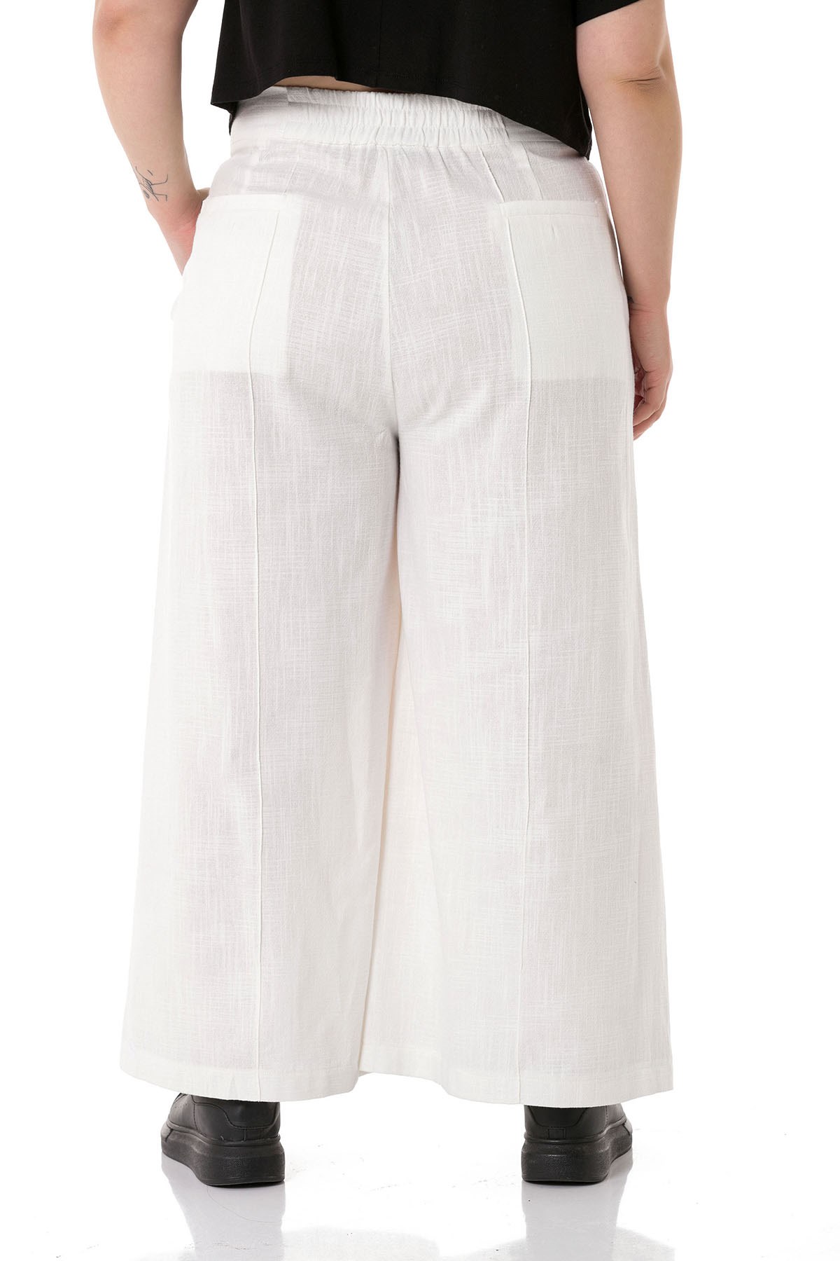 Plus Size Ribbed Stitched Pocket Zippered Wide Leg Linen White Trousers
