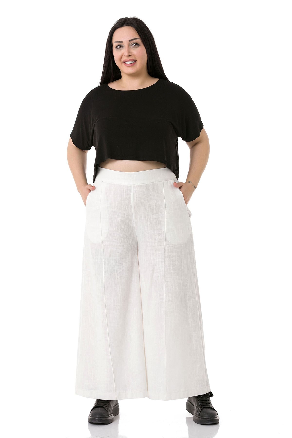Plus Size Ribbed Stitched Pocket Zippered Wide Leg Linen White Trousers