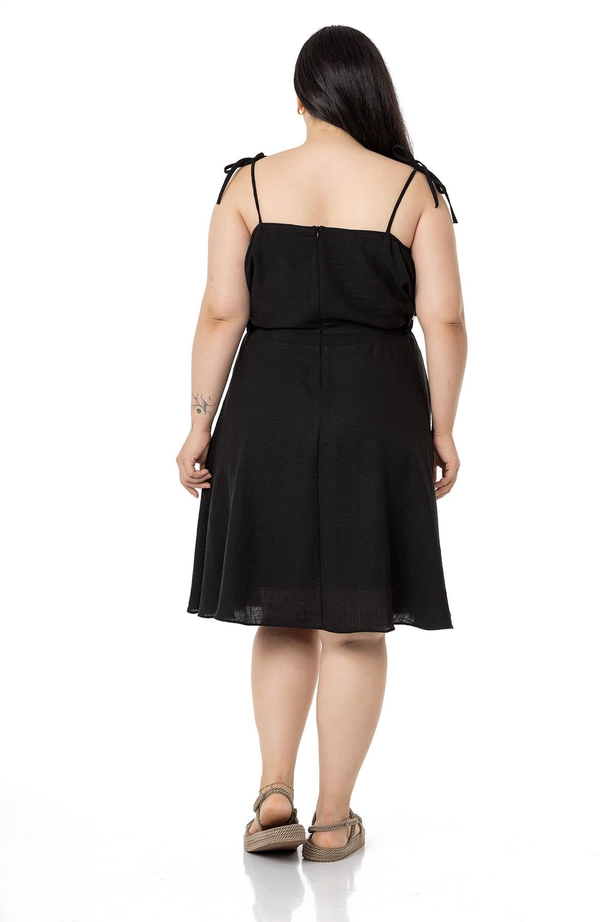 Plus Size Short Black Dress with Shoulder Tie Detail