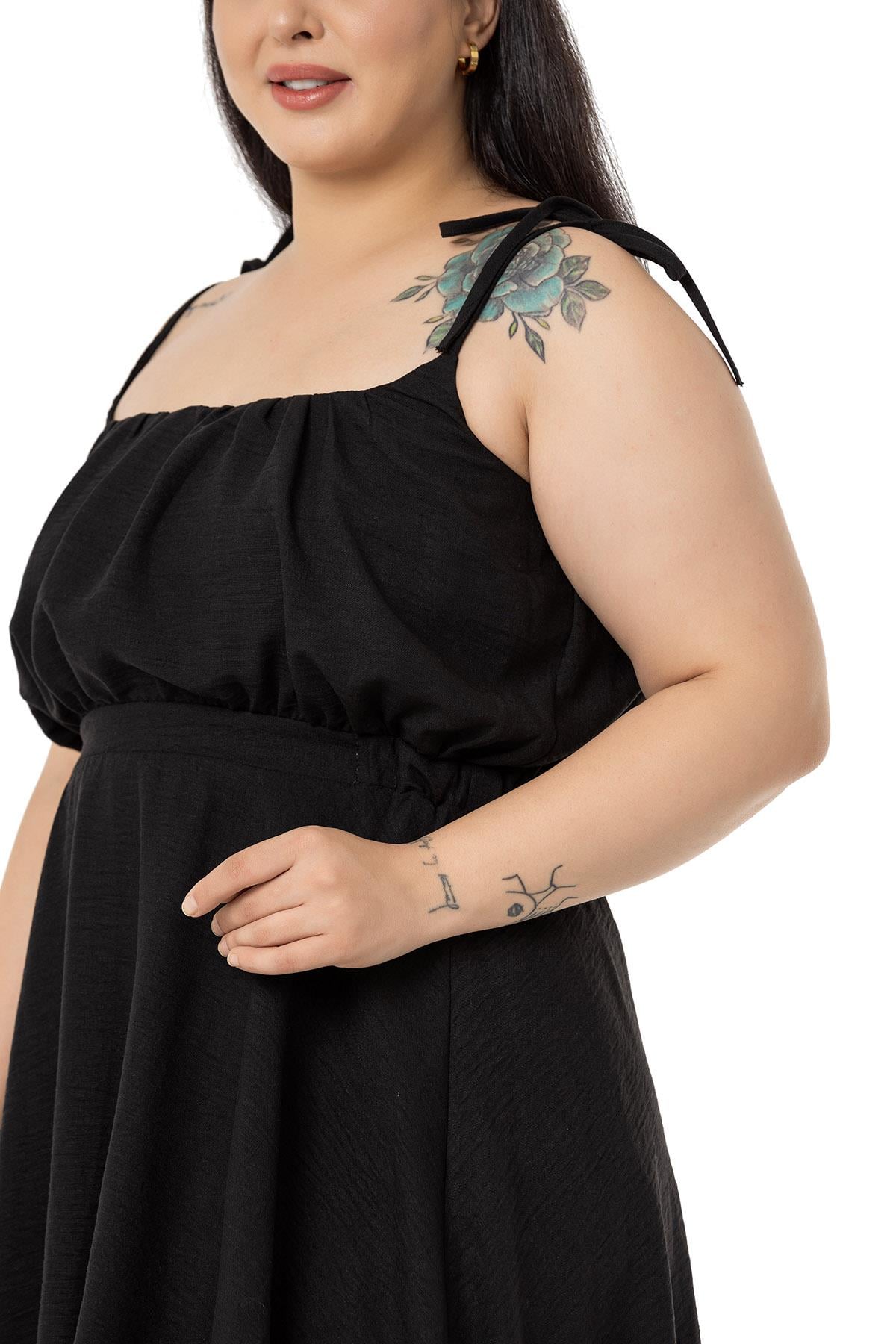Plus Size Short Black Dress with Shoulder Tie Detail