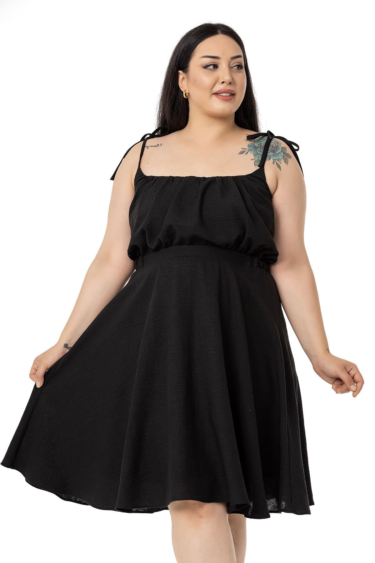 Plus Size Short Black Dress with Shoulder Tie Detail