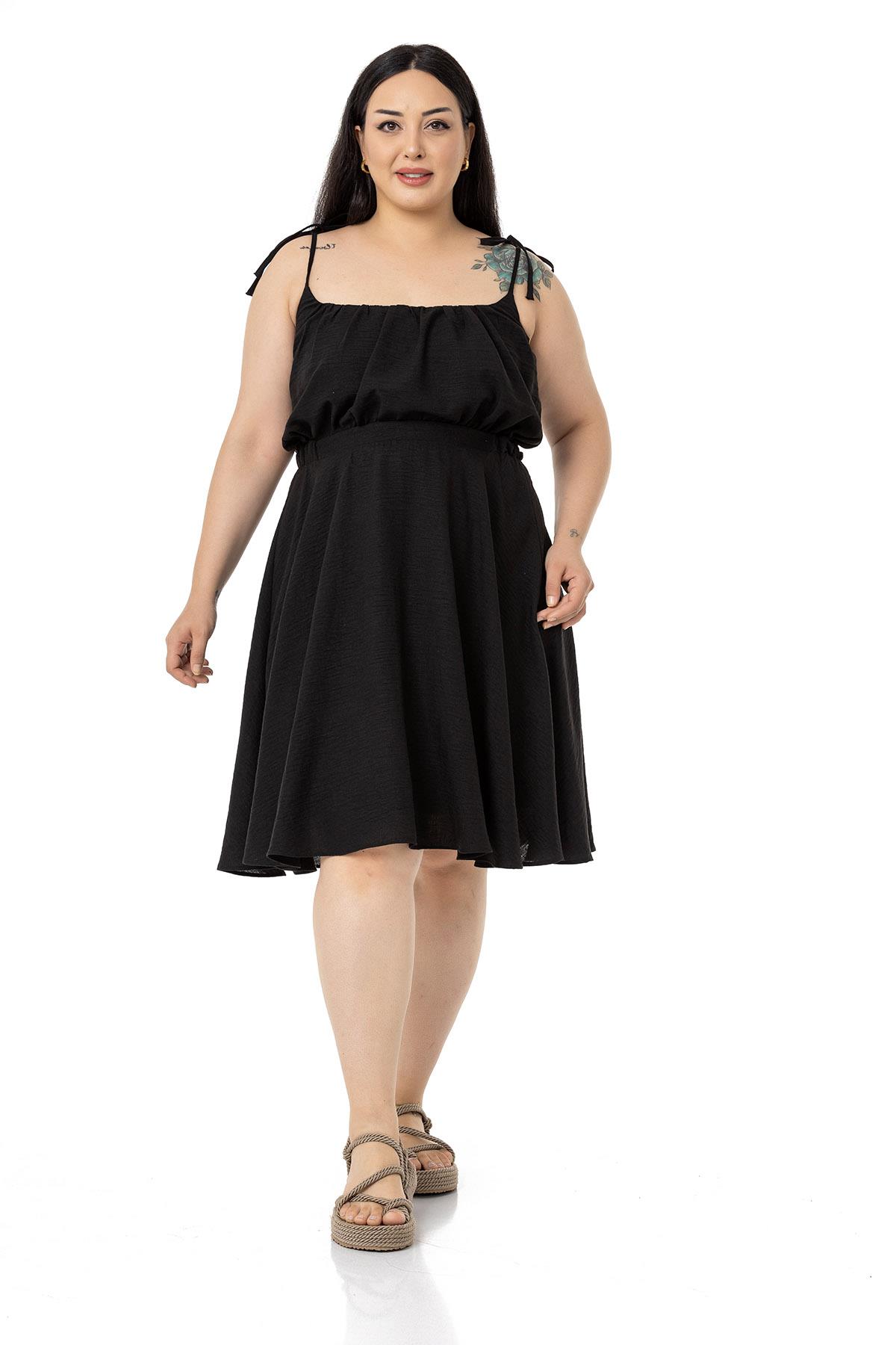 Plus Size Short Black Dress with Shoulder Tie Detail