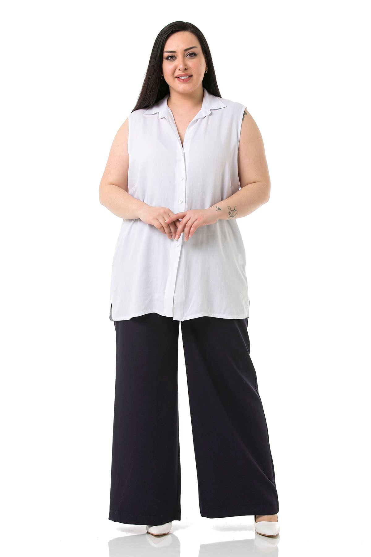 Plus Size Pleated Front Elastic Back Waist Zippered Wide Leg Double Navy Blue Trousers