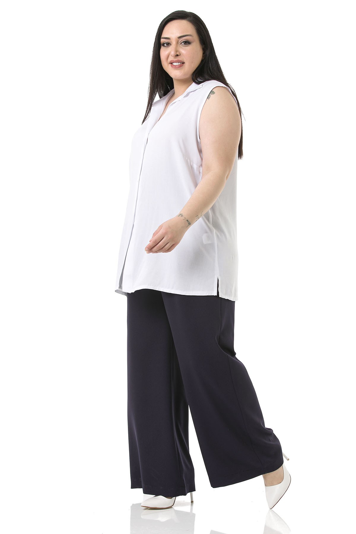 Plus Size Pleated Front Elastic Back Waist Zippered Wide Leg Double Navy Blue Trousers