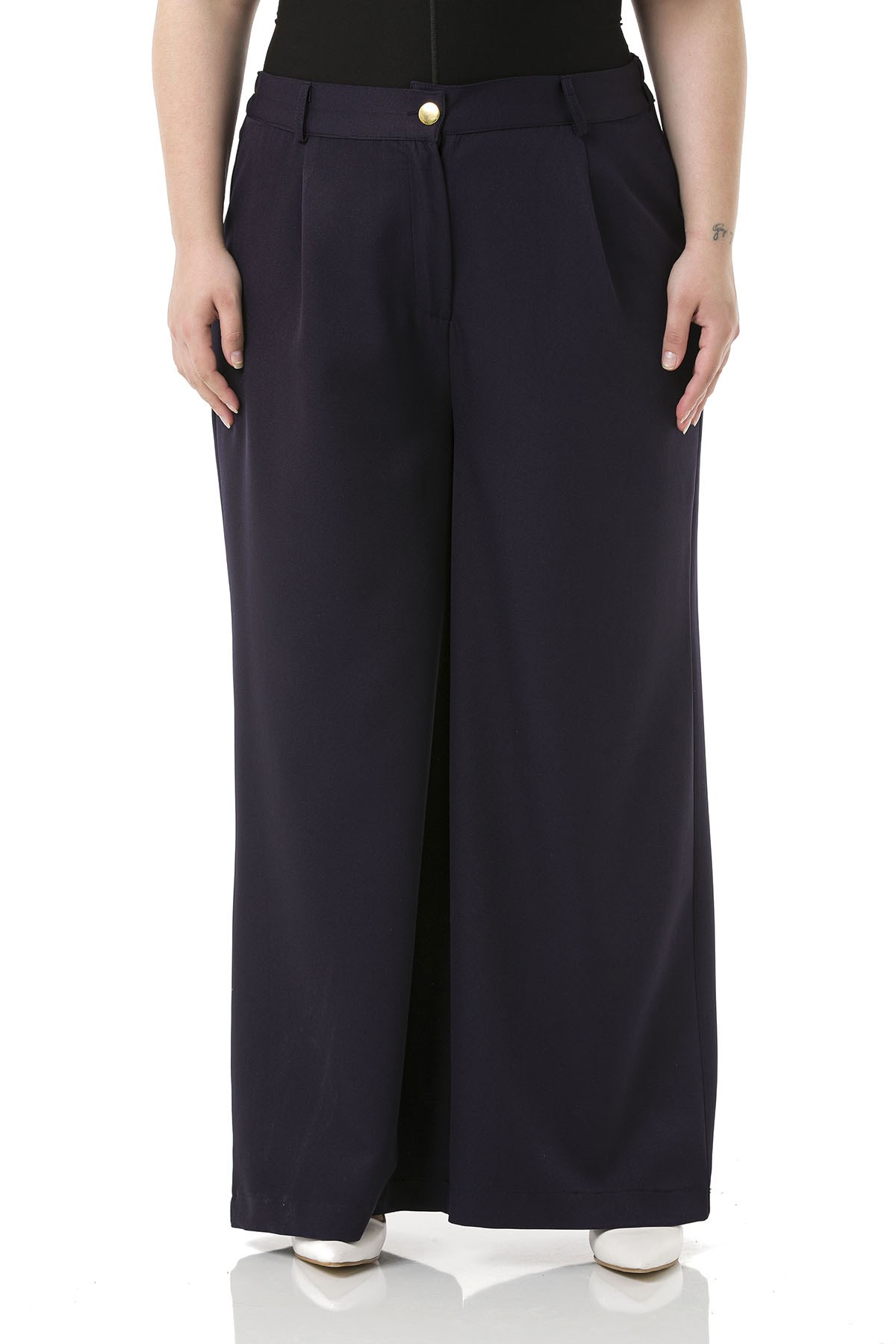 Plus Size Pleated Front Elastic Back Waist Zippered Wide Leg Double Navy Blue Trousers