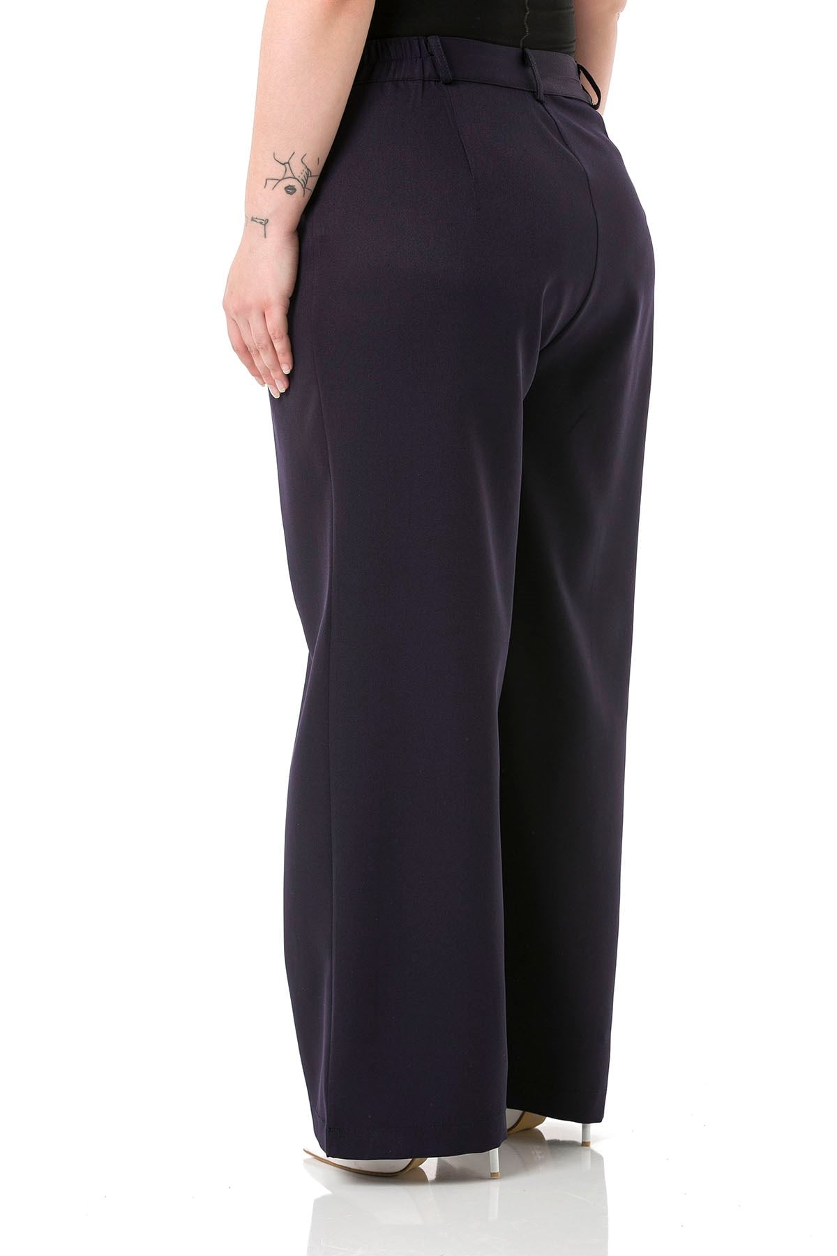 Plus Size Pleated Front Elastic Back Waist Zippered Wide Leg Double Navy Blue Trousers