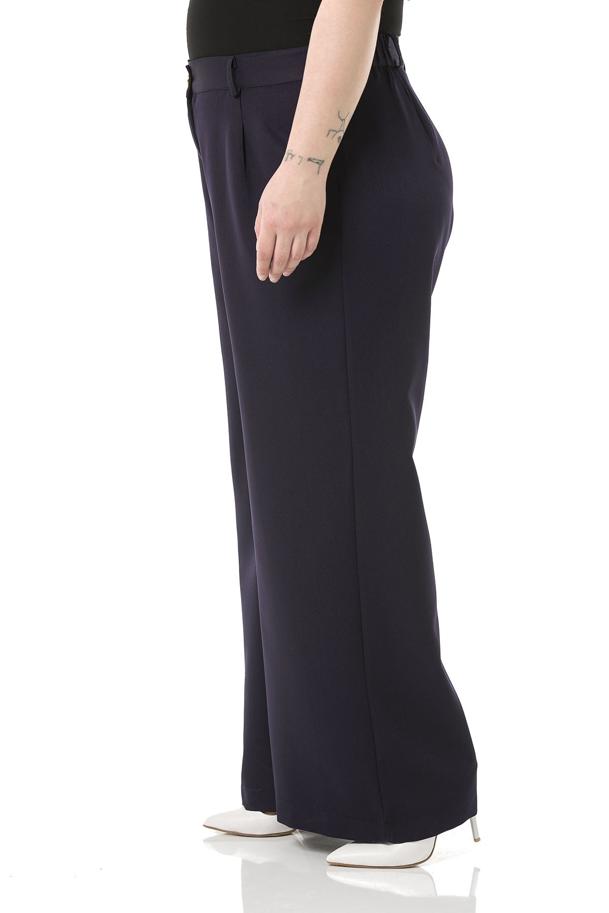 Plus Size Pleated Front Elastic Back Waist Zippered Wide Leg Double Navy Blue Trousers