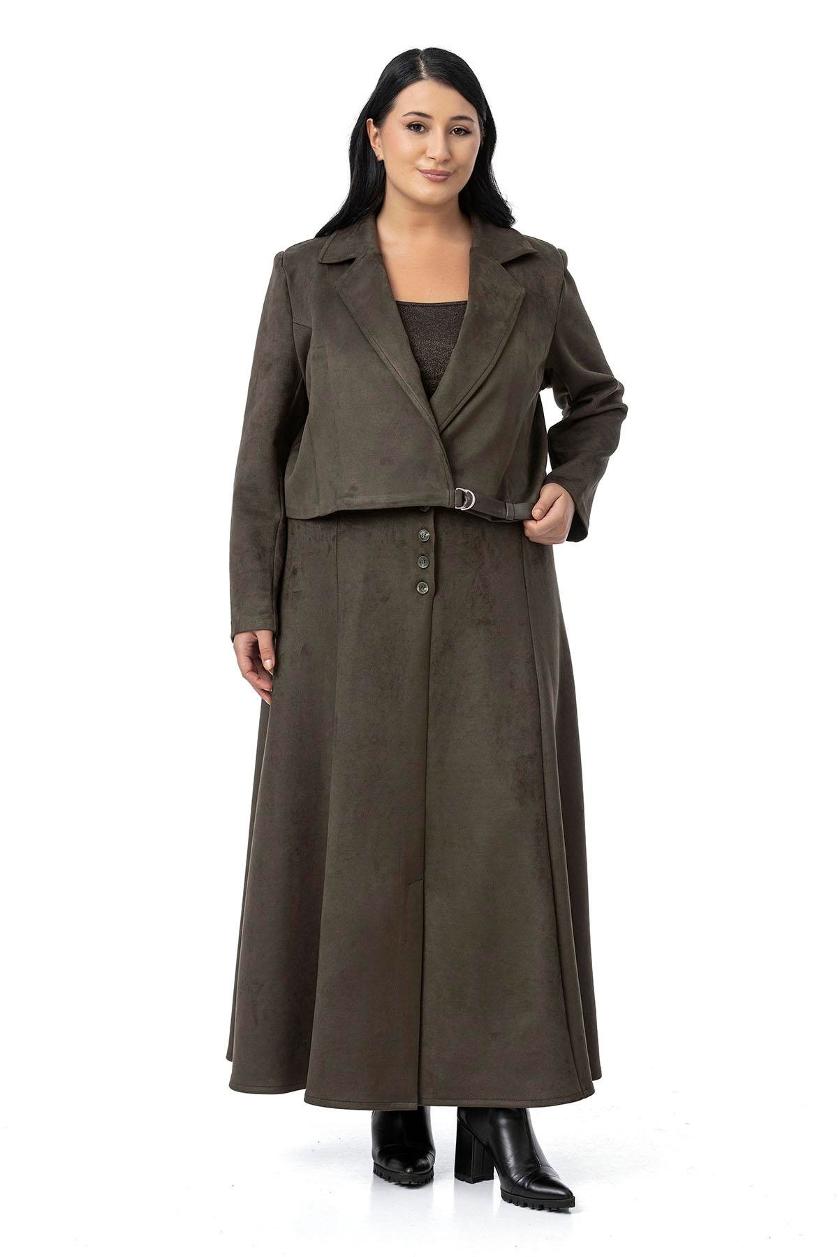 Plus Size Long Suede Khaki Skirt with Front Slit Buttons Elastic Waist at Back