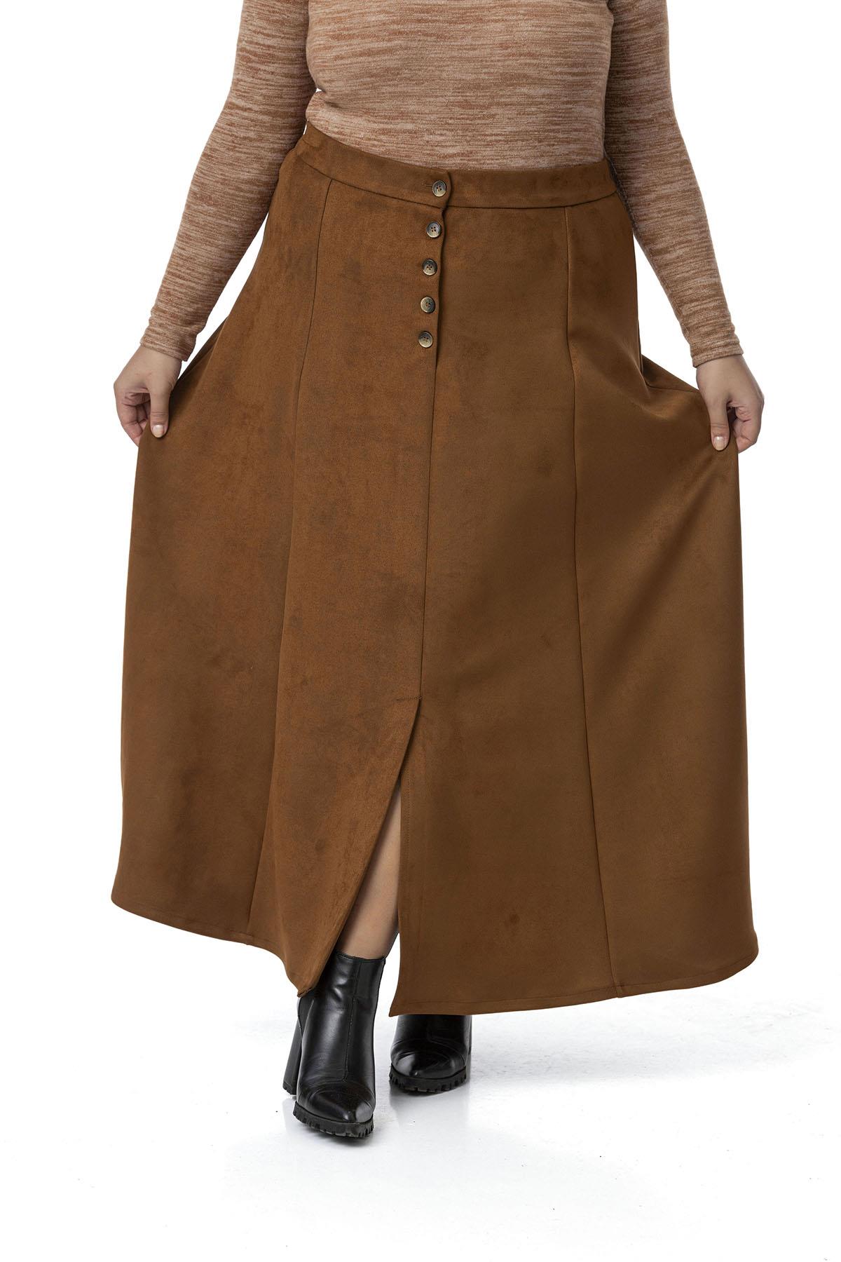 Plus Size Long Suede Brown Skirt with Front Slit Buttons Elastic Waist at Back