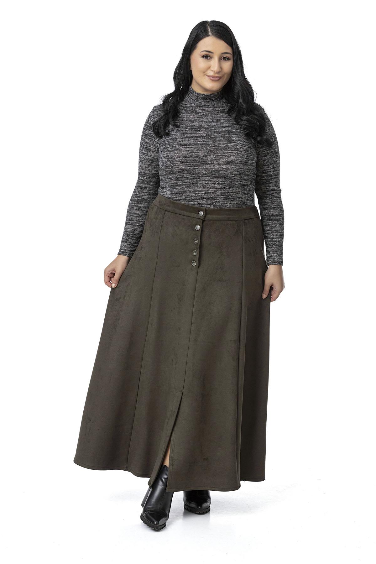 Plus Size Long Suede Khaki Skirt with Front Slit Buttons Elastic Waist at Back