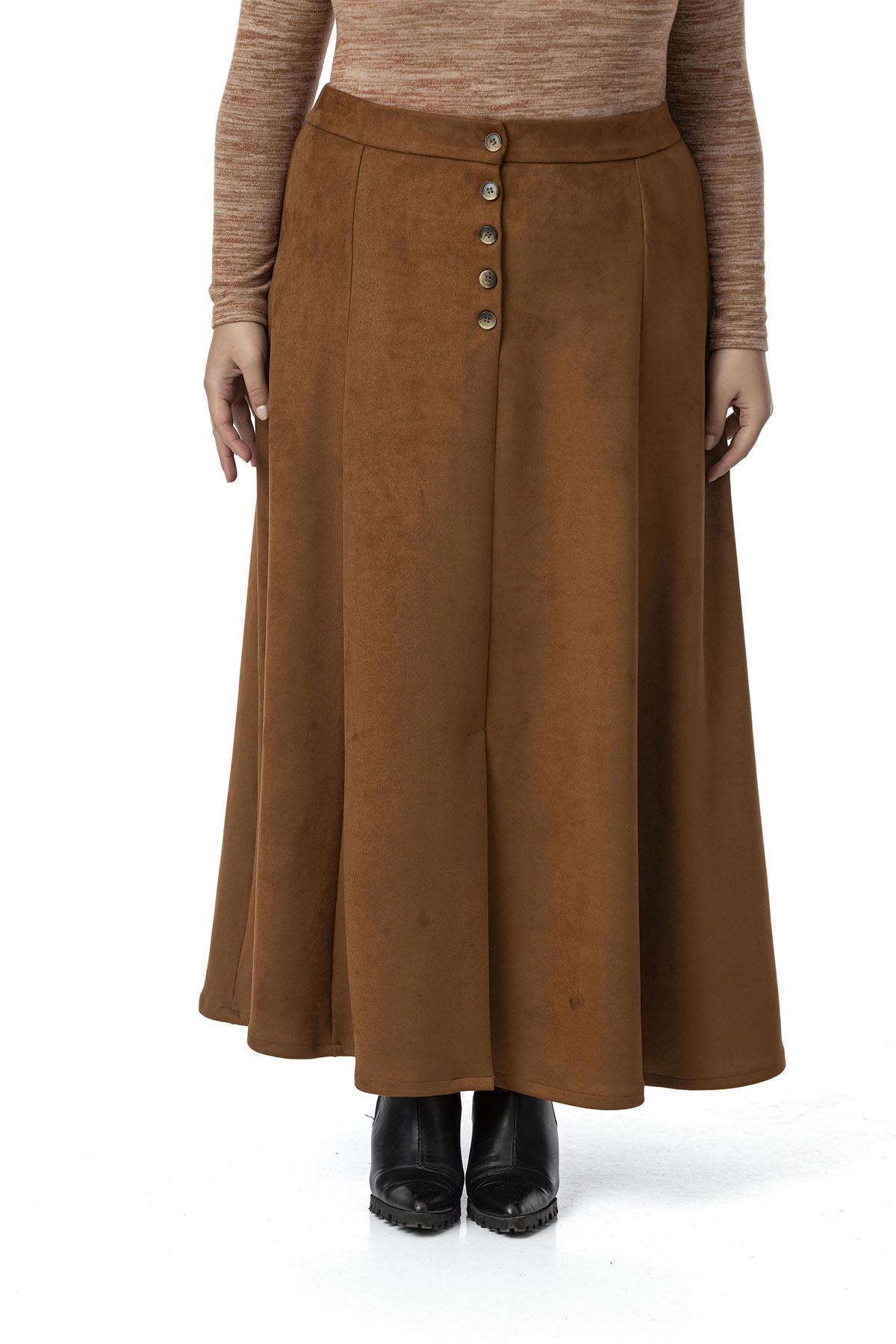 Plus Size Long Suede Brown Skirt with Front Slit Buttons Elastic Waist at Back
