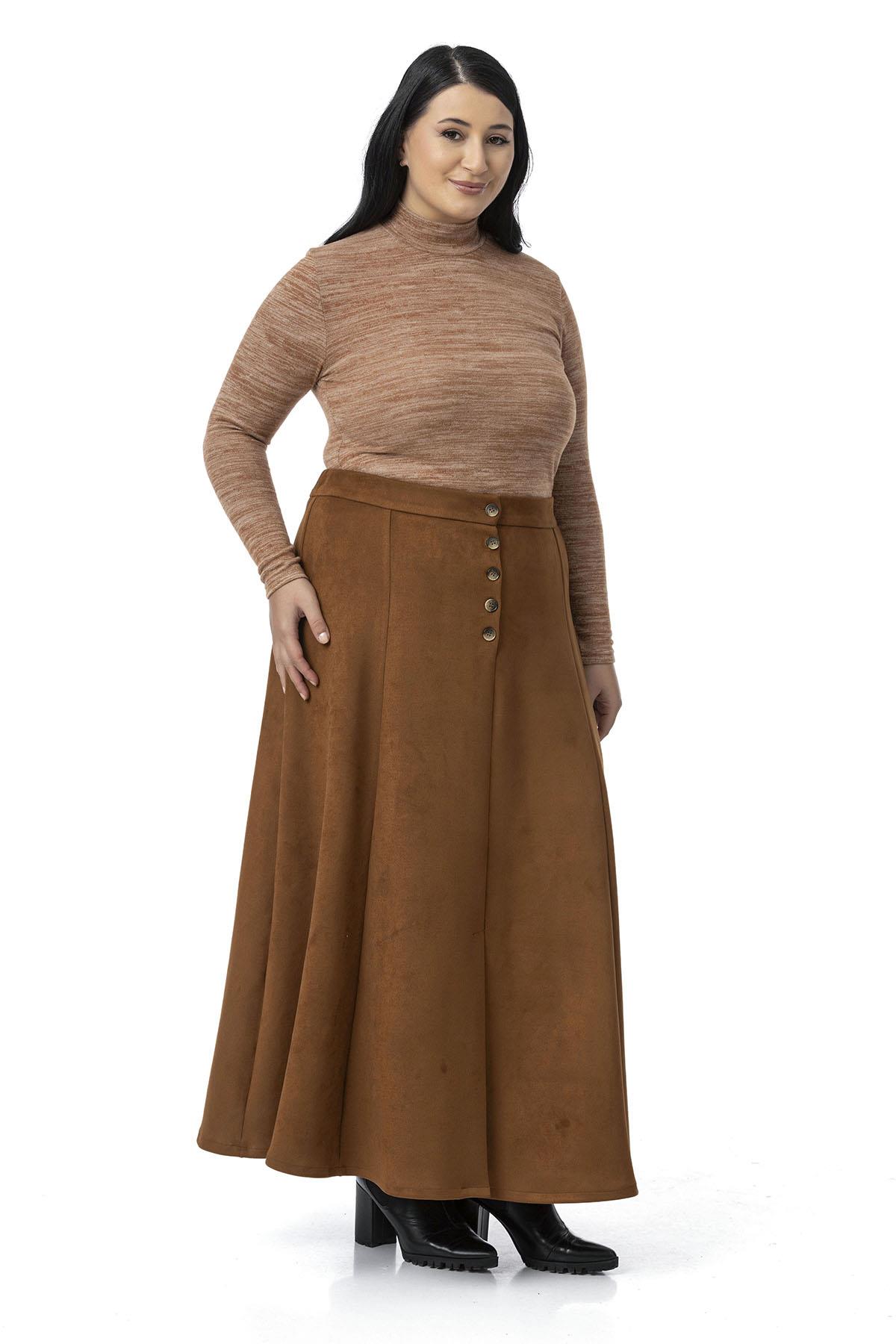 Plus Size Long Suede Brown Skirt with Front Slit Buttons Elastic Waist at Back