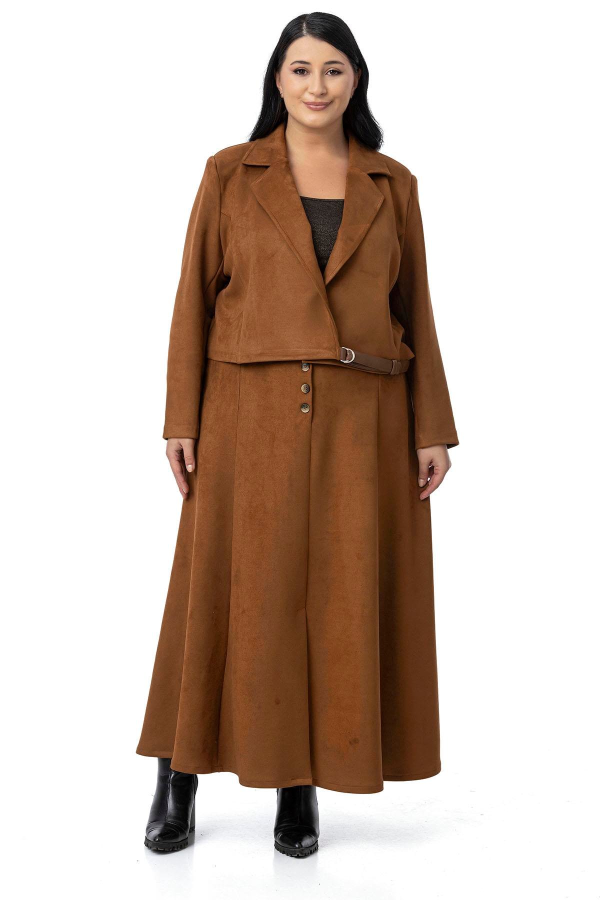 Plus Size Long Suede Brown Skirt with Front Slit Buttons Elastic Waist at Back