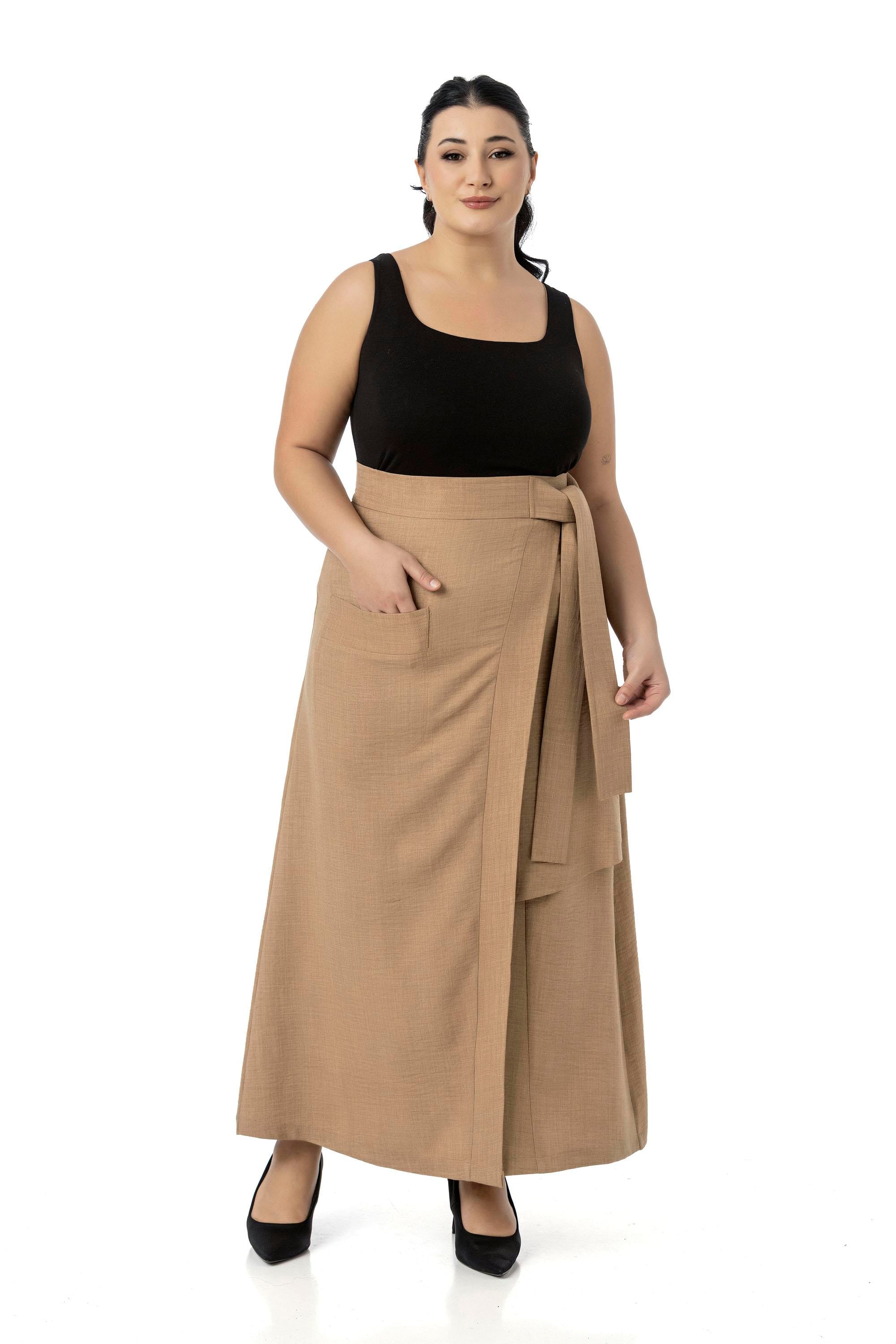 Plus Size Mink Midi Skirt with Front Slit Ornamental Tie Detail Bag Pocket