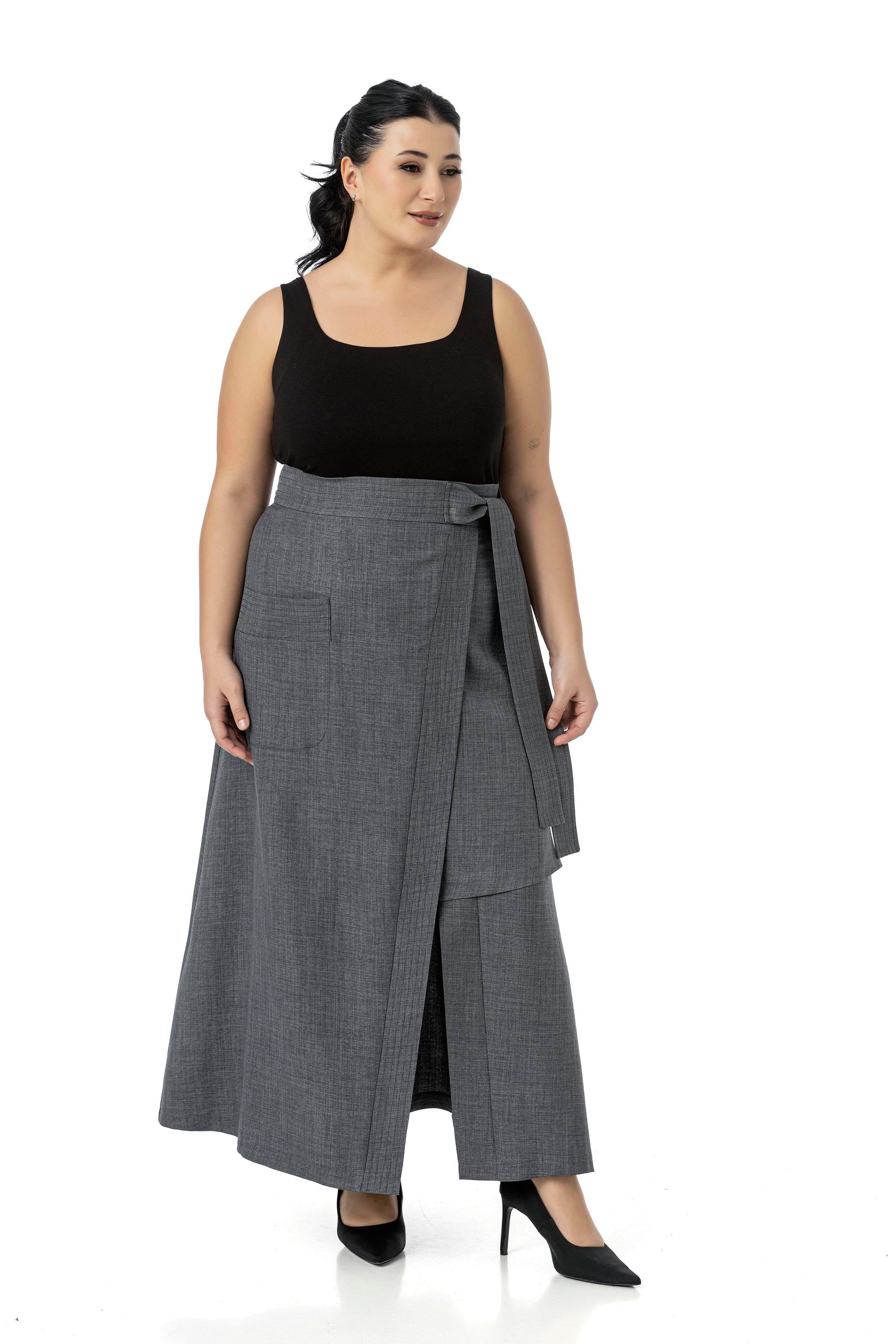 Plus Size Gray Midi Skirt with Front Slit Ornamental Tie Detail Bag Pocket