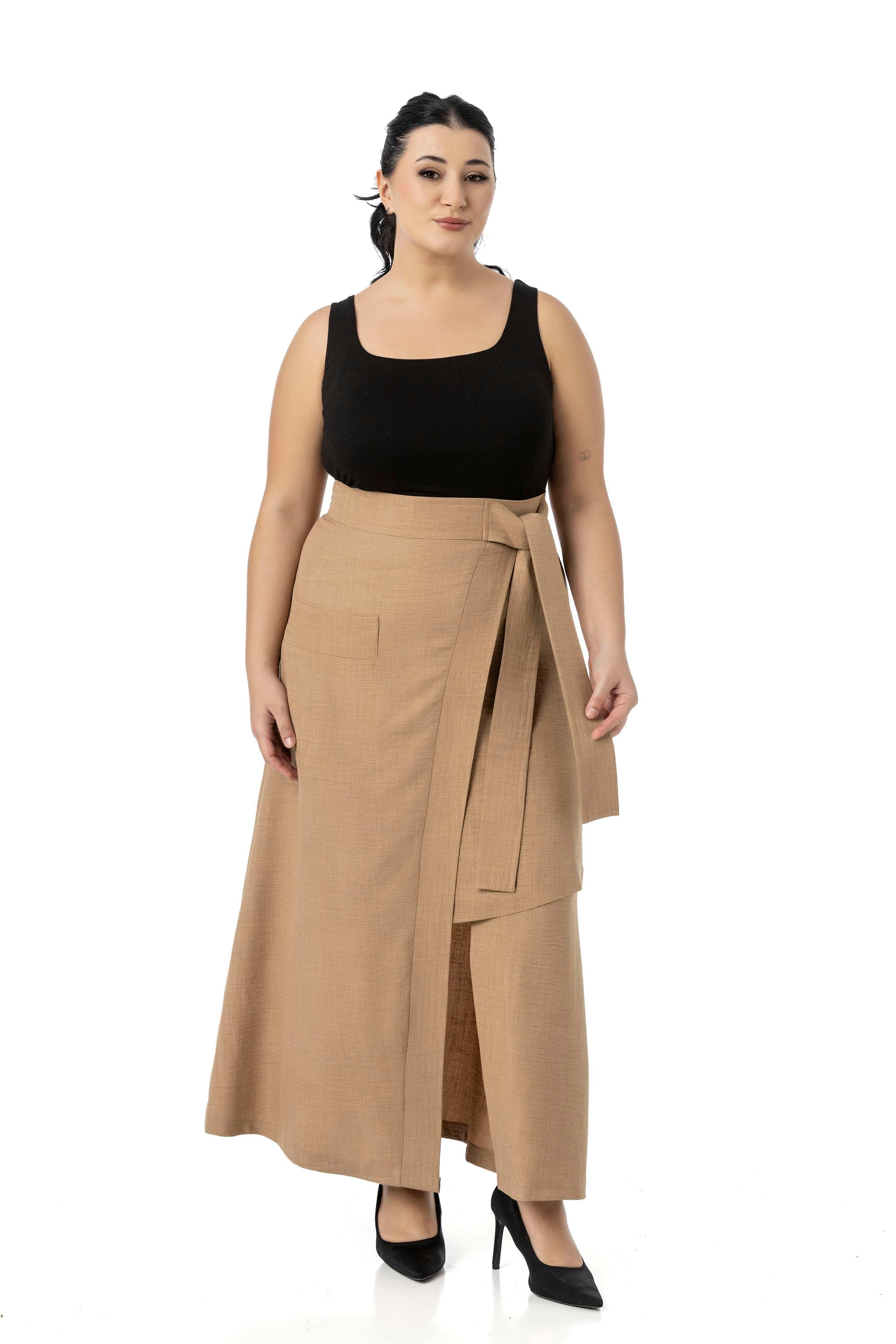 Plus Size Mink Midi Skirt with Front Slit Ornamental Tie Detail Bag Pocket