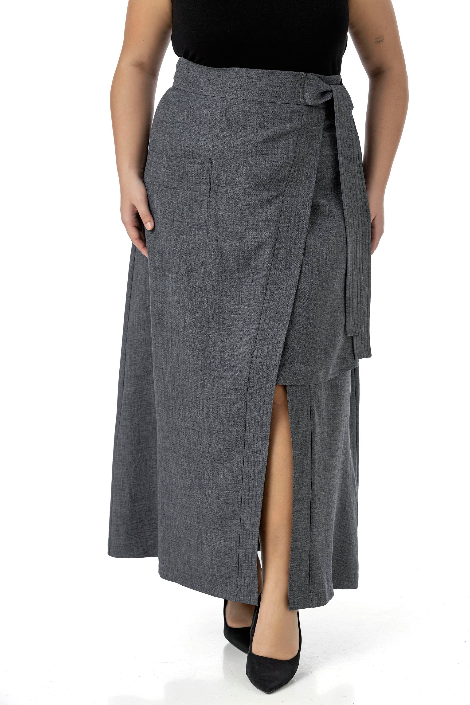 Plus Size Gray Midi Skirt with Front Slit Ornamental Tie Detail Bag Pocket