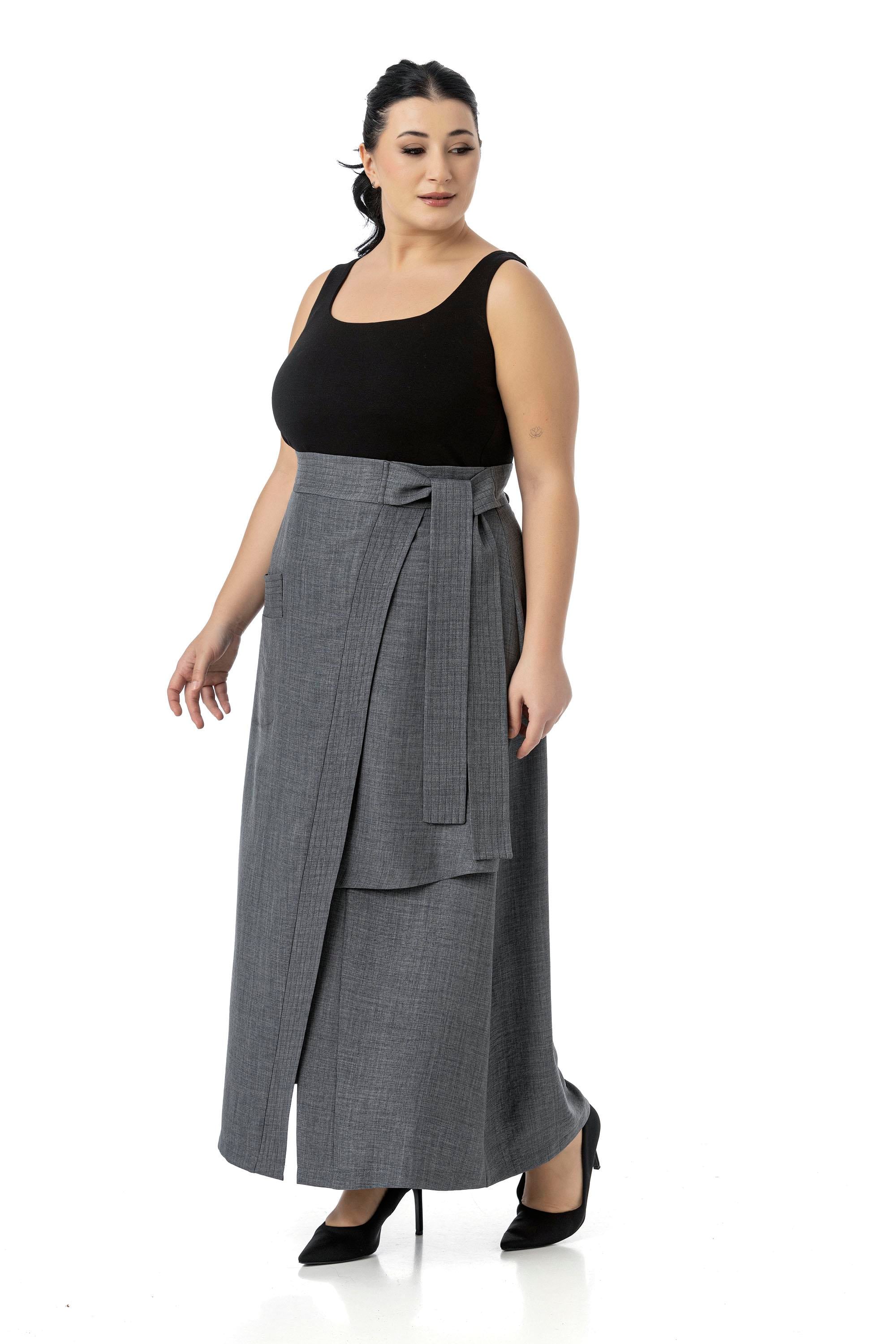 Plus Size Gray Midi Skirt with Front Slit Ornamental Tie Detail Bag Pocket