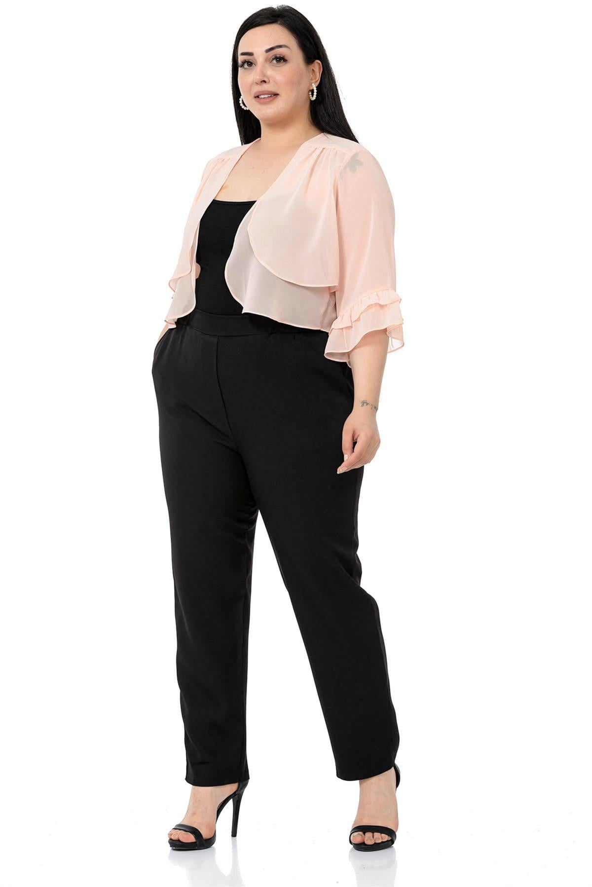 Plus Size Chiffon Powder Bolero with Double Layers on the Front Sleeves and Ruffles on the Back