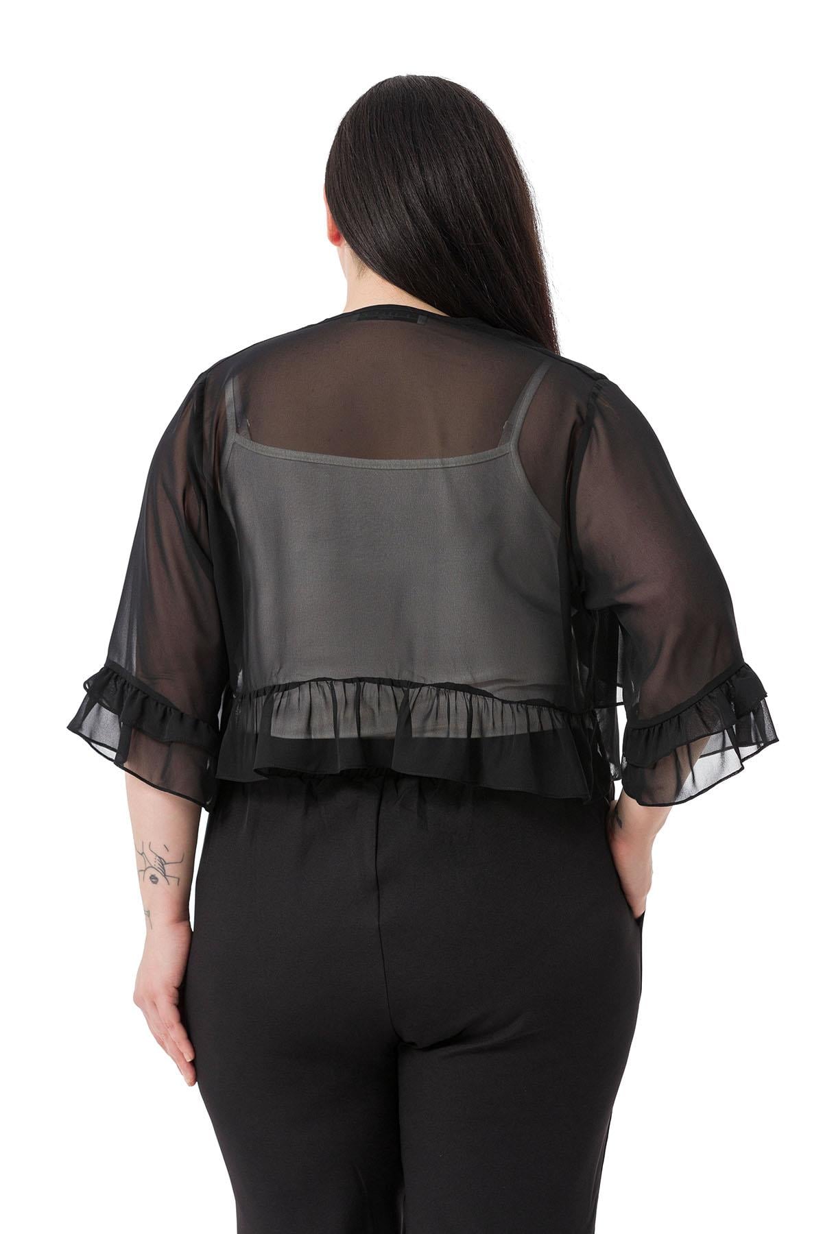 Büyük Beden Önü Çift Kat Kolu ve Arkası Fırfırlı Şifon Siyah Bolero