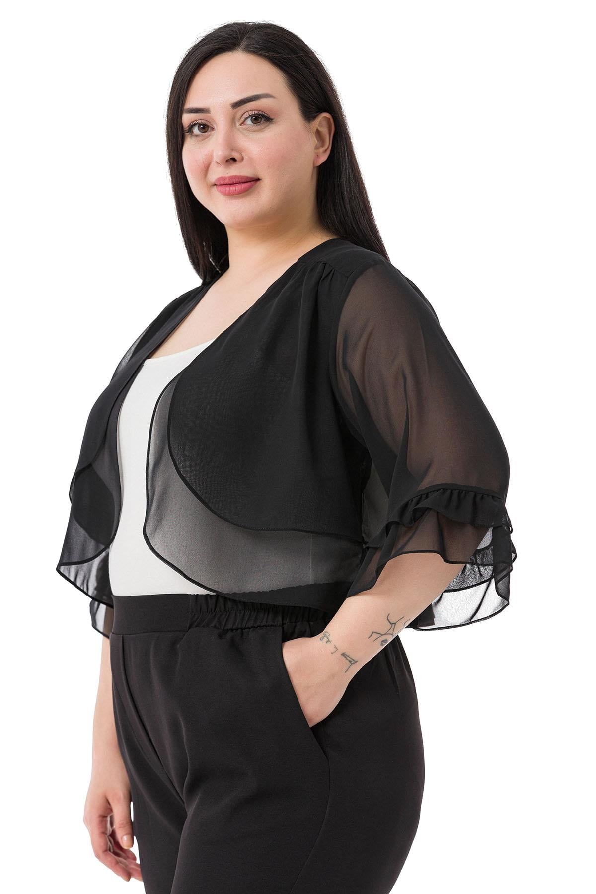 Büyük Beden Önü Çift Kat Kolu ve Arkası Fırfırlı Şifon Siyah Bolero