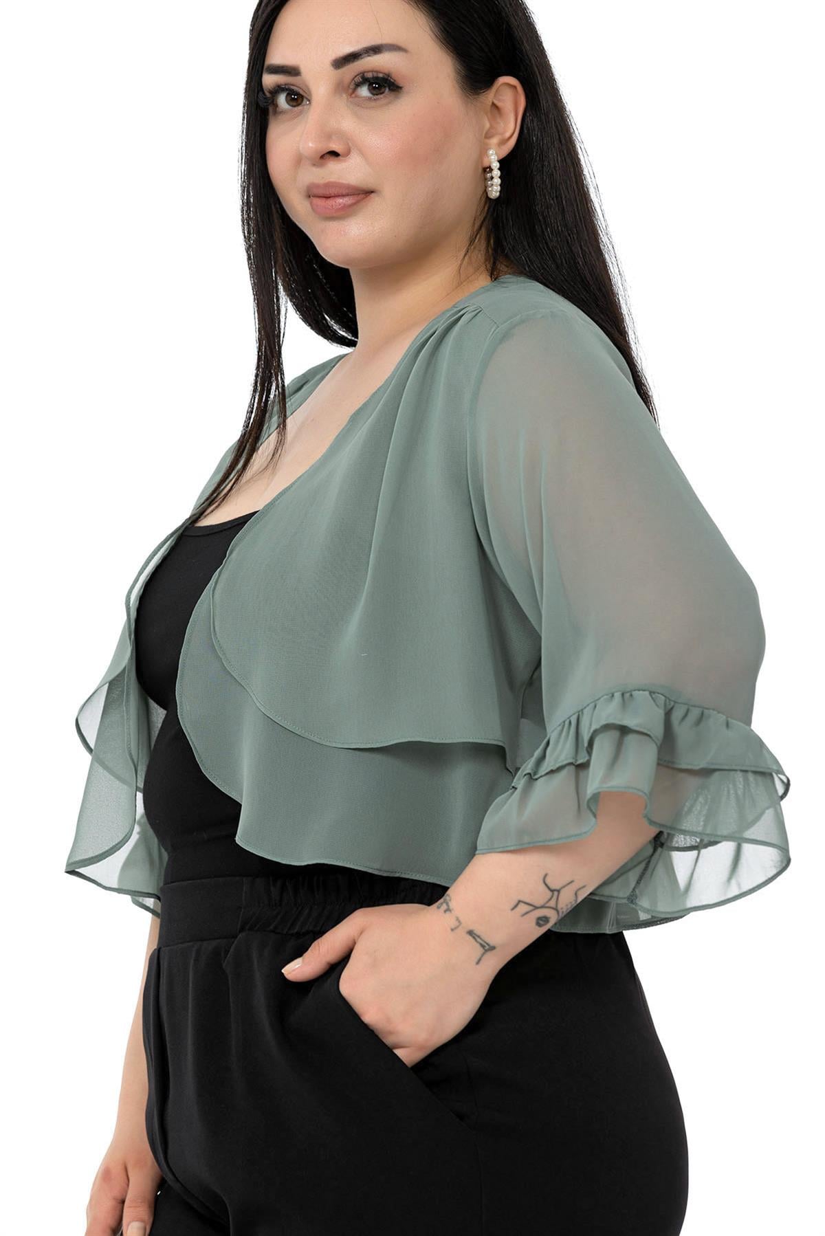 Büyük Beden Önü Çift Kat Kolu ve Arkası Fırfırlı Şifon Su Yeşili Bolero