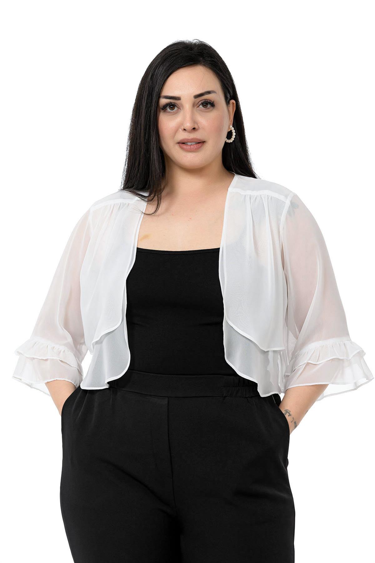 Büyük Beden Önü Çift Kat Kolu ve Arkası Fırfırlı Şifon Beyaz Bolero