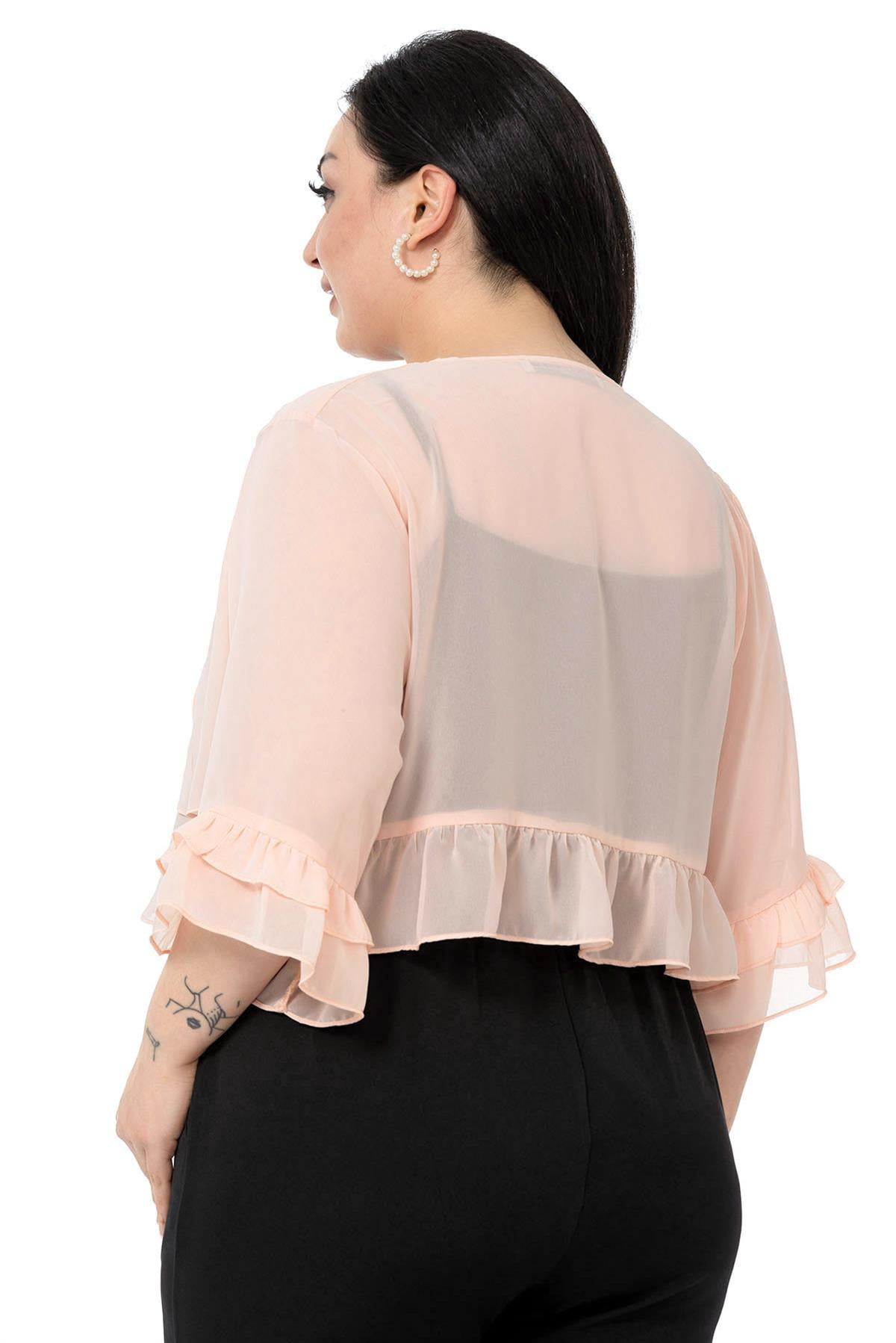 Plus Size Chiffon Powder Bolero with Double Layers on the Front Sleeves and Ruffles on the Back