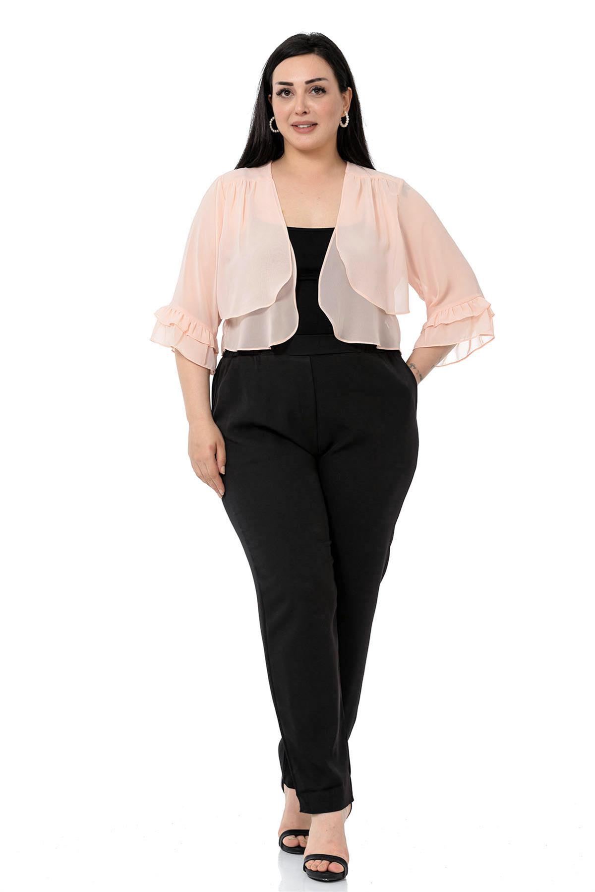 Plus Size Chiffon Powder Bolero with Double Layers on the Front Sleeves and Ruffles on the Back