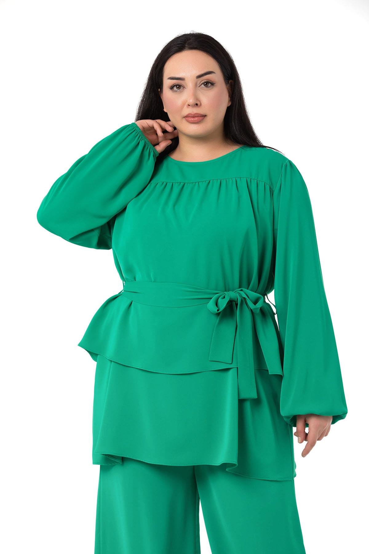 Plus Size Double Layered Front Elastic Armhole Benetton Green Blouse