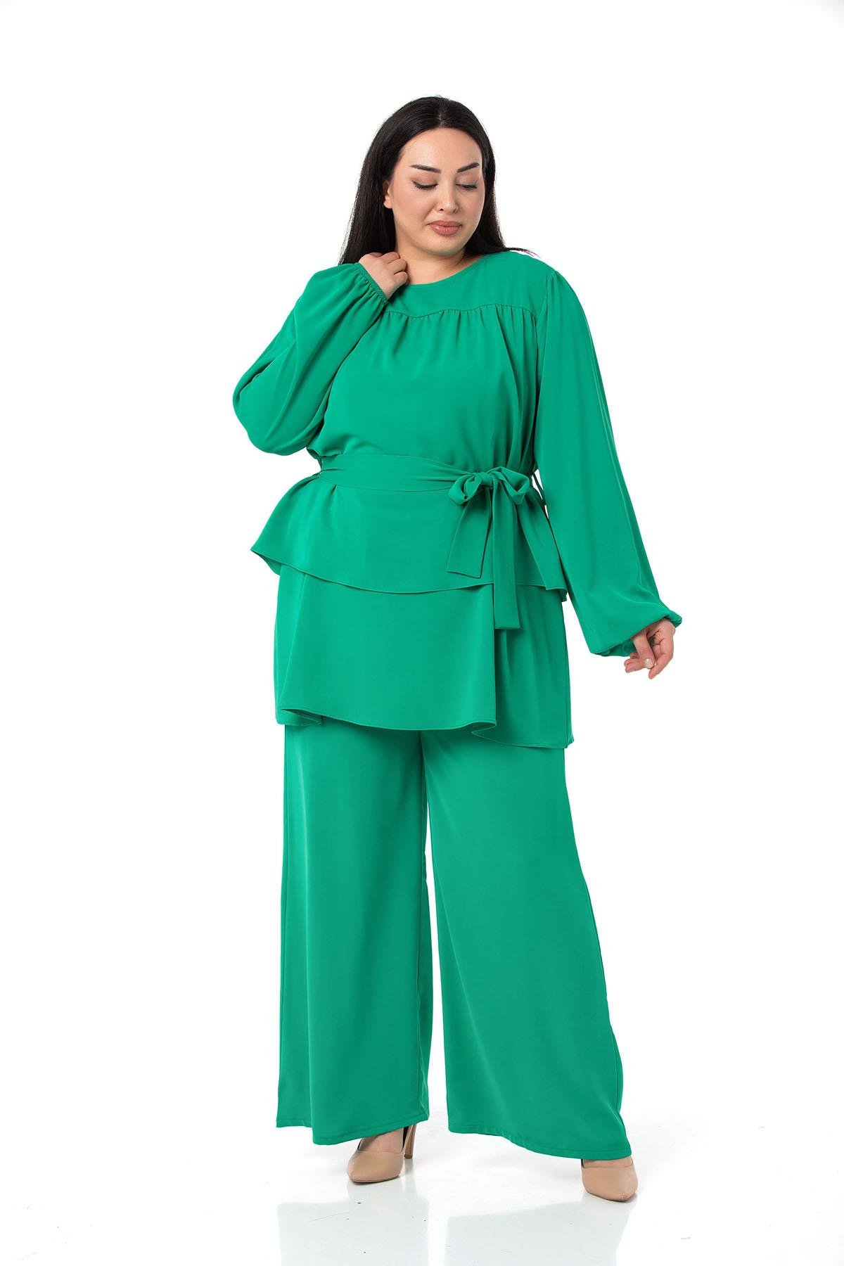 Plus Size Double Layered Front Elastic Armhole Benetton Green Blouse