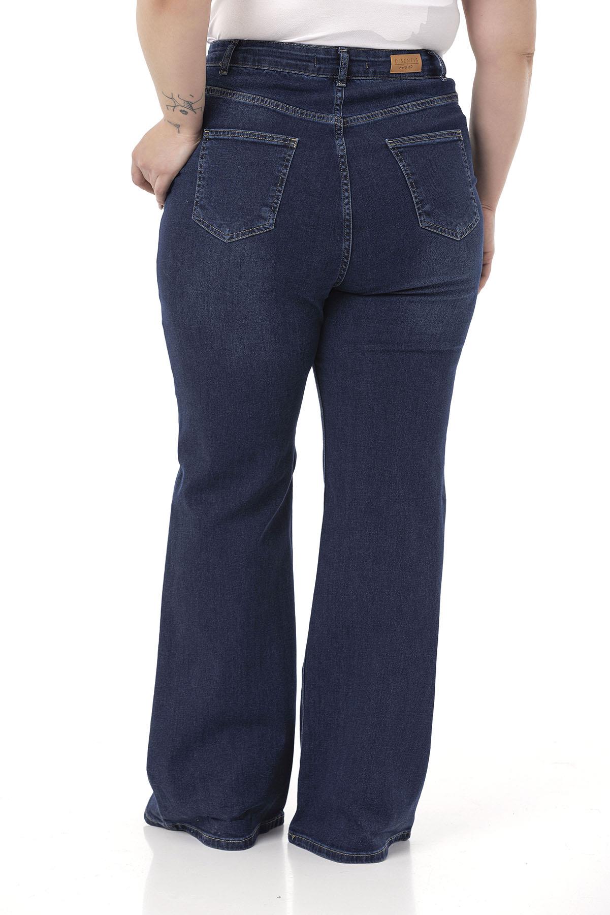 Büyük Beden Önü Kraşlı Yüksek Bel İspanyol Paça Lacivert Denim Pantolon