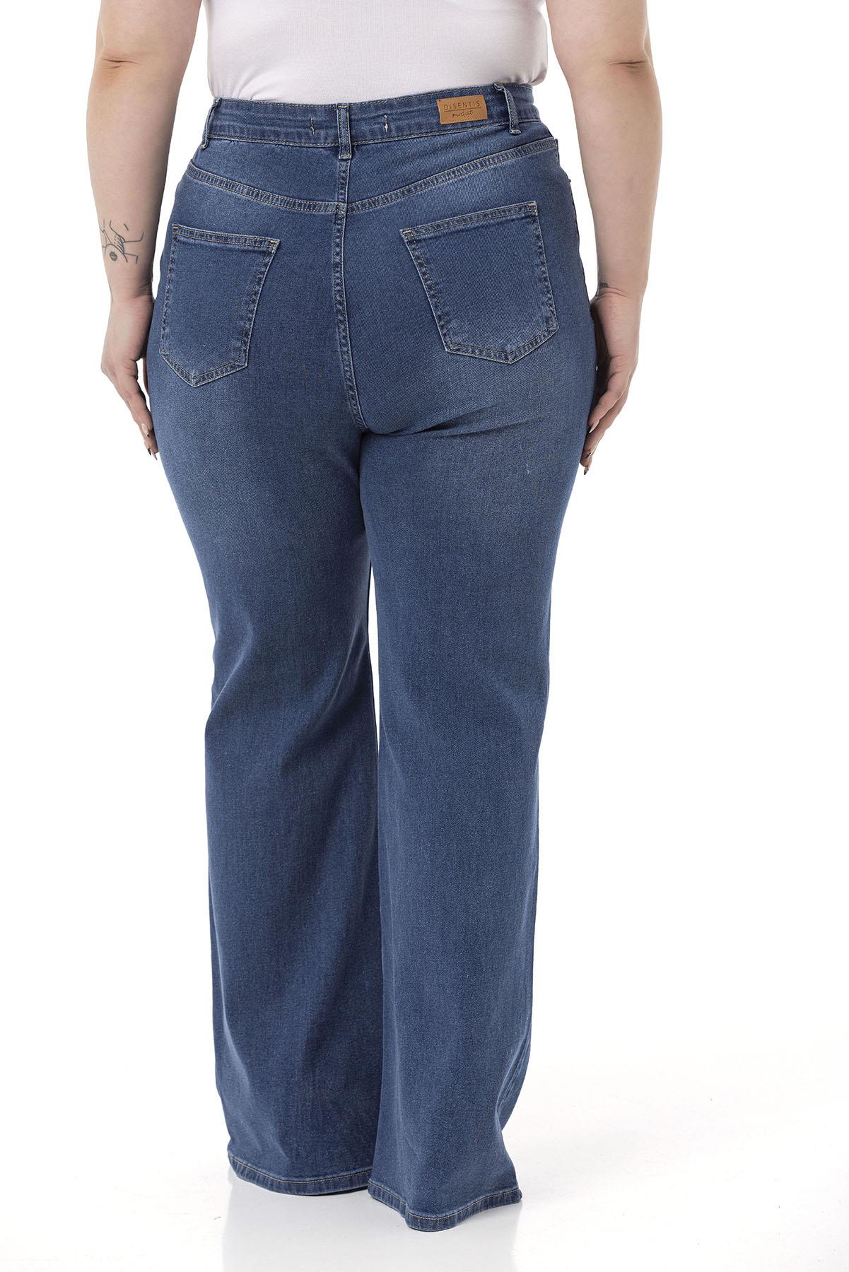 Büyük Beden Önü Kraşlı Yüksek Bel İspanyol Paça Mavi Denim Pantolon