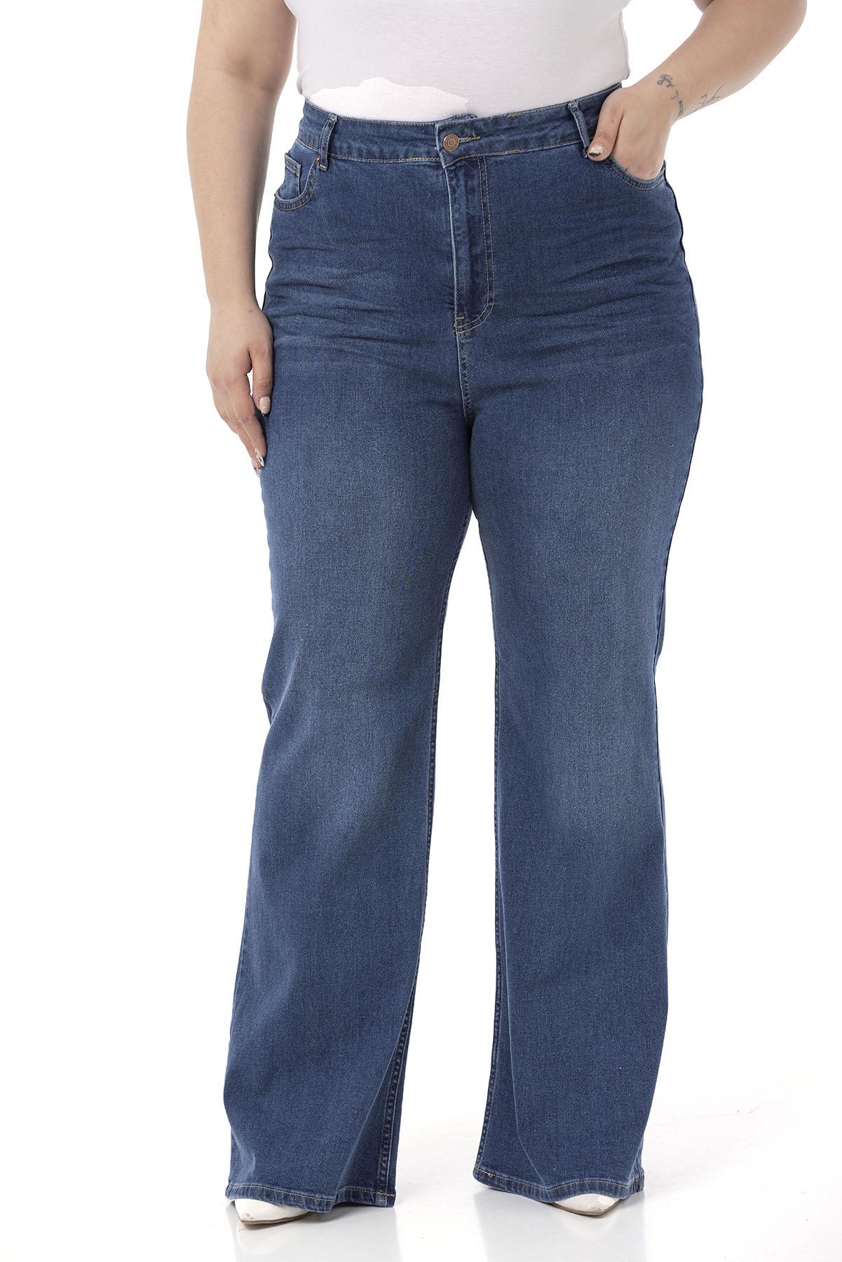 Büyük Beden Önü Kraşlı Yüksek Bel İspanyol Paça Mavi Denim Pantolon