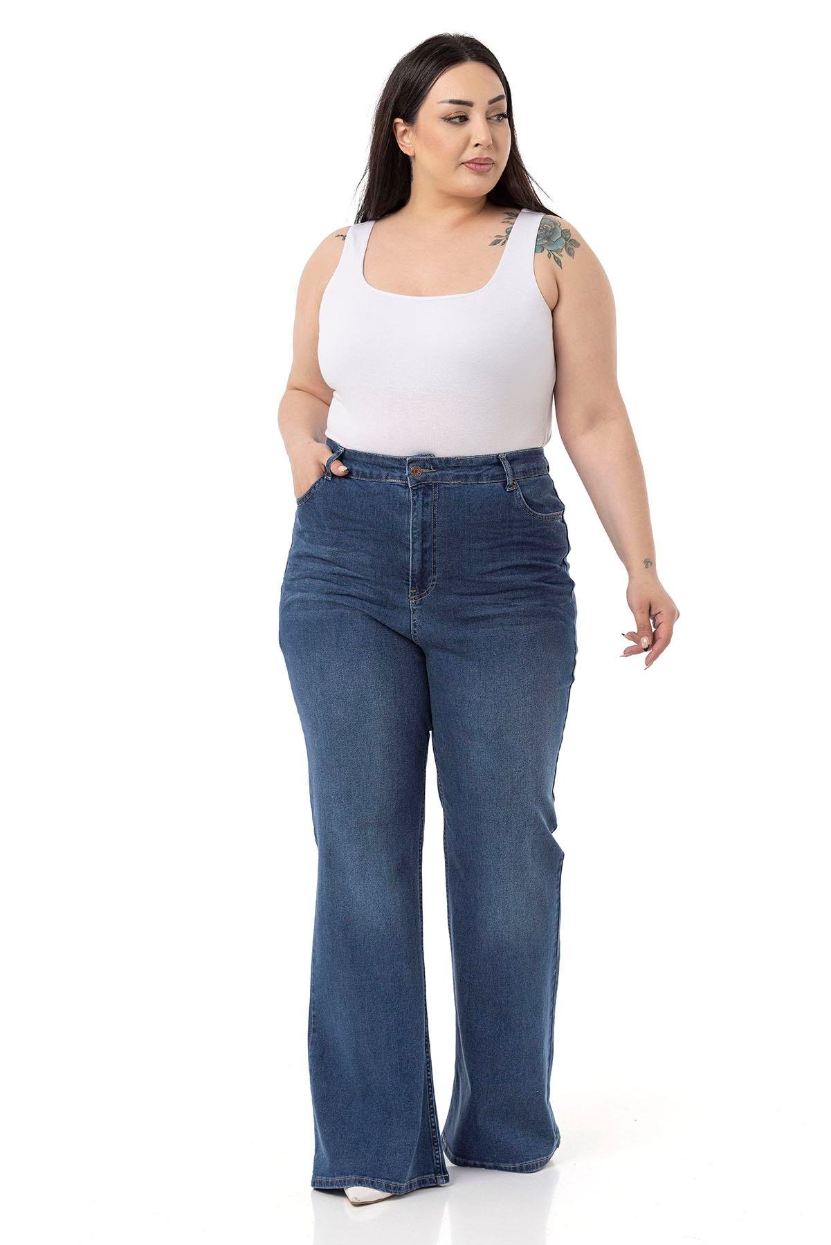 Büyük Beden Önü Kraşlı Yüksek Bel İspanyol Paça Mavi Denim Pantolon