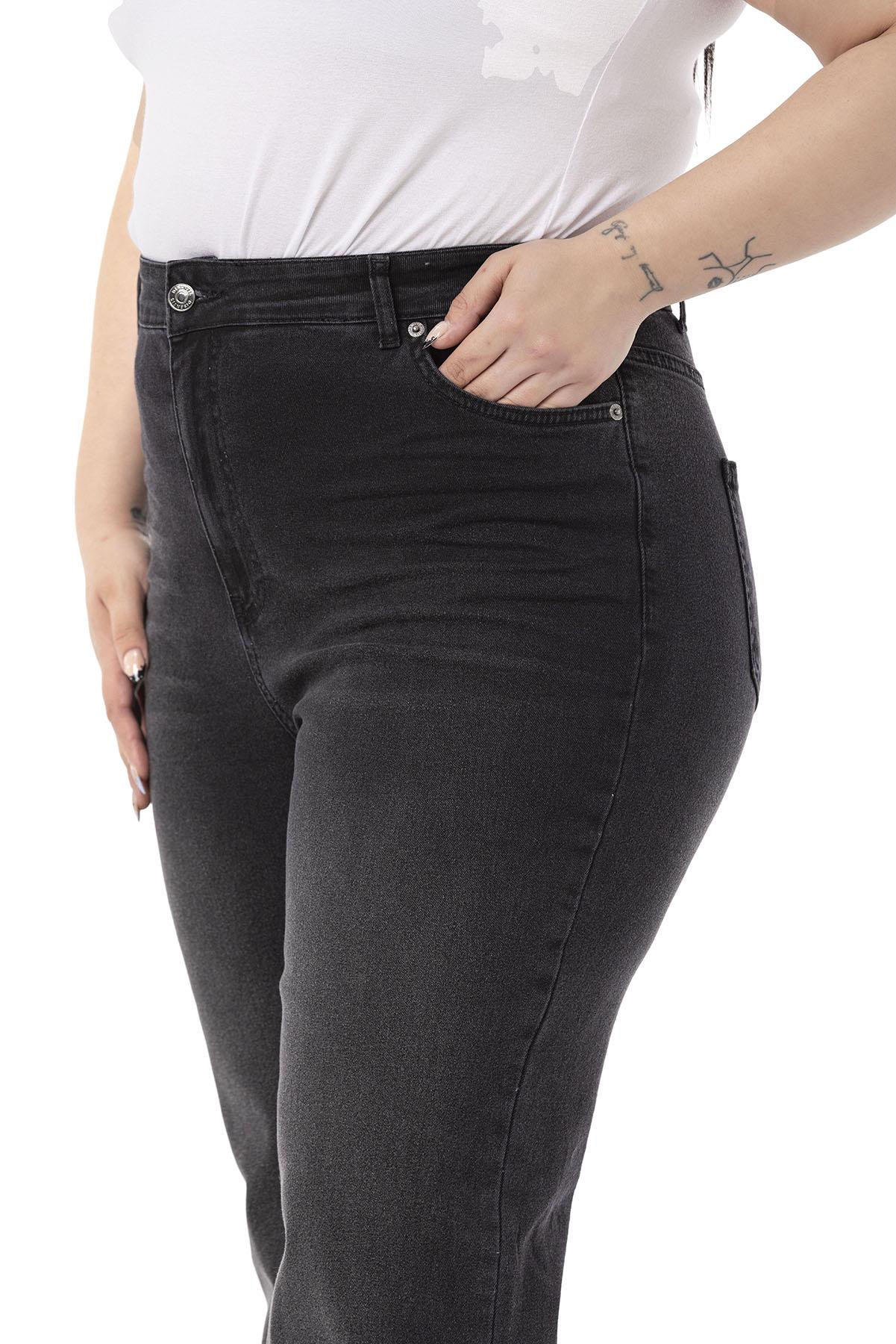 Büyük Beden Önü Kraşlı Yüksek Bel İspanyol Paça Siyah Denim Pantolon