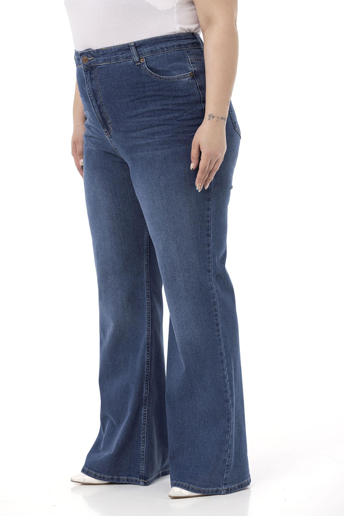 Büyük Beden Önü Kraşlı Yüksek Bel İspanyol Paça Mavi Denim Pantolon