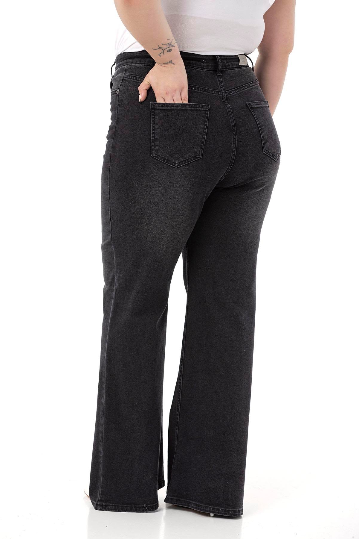 Büyük Beden Önü Kraşlı Yüksek Bel İspanyol Paça Siyah Denim Pantolon