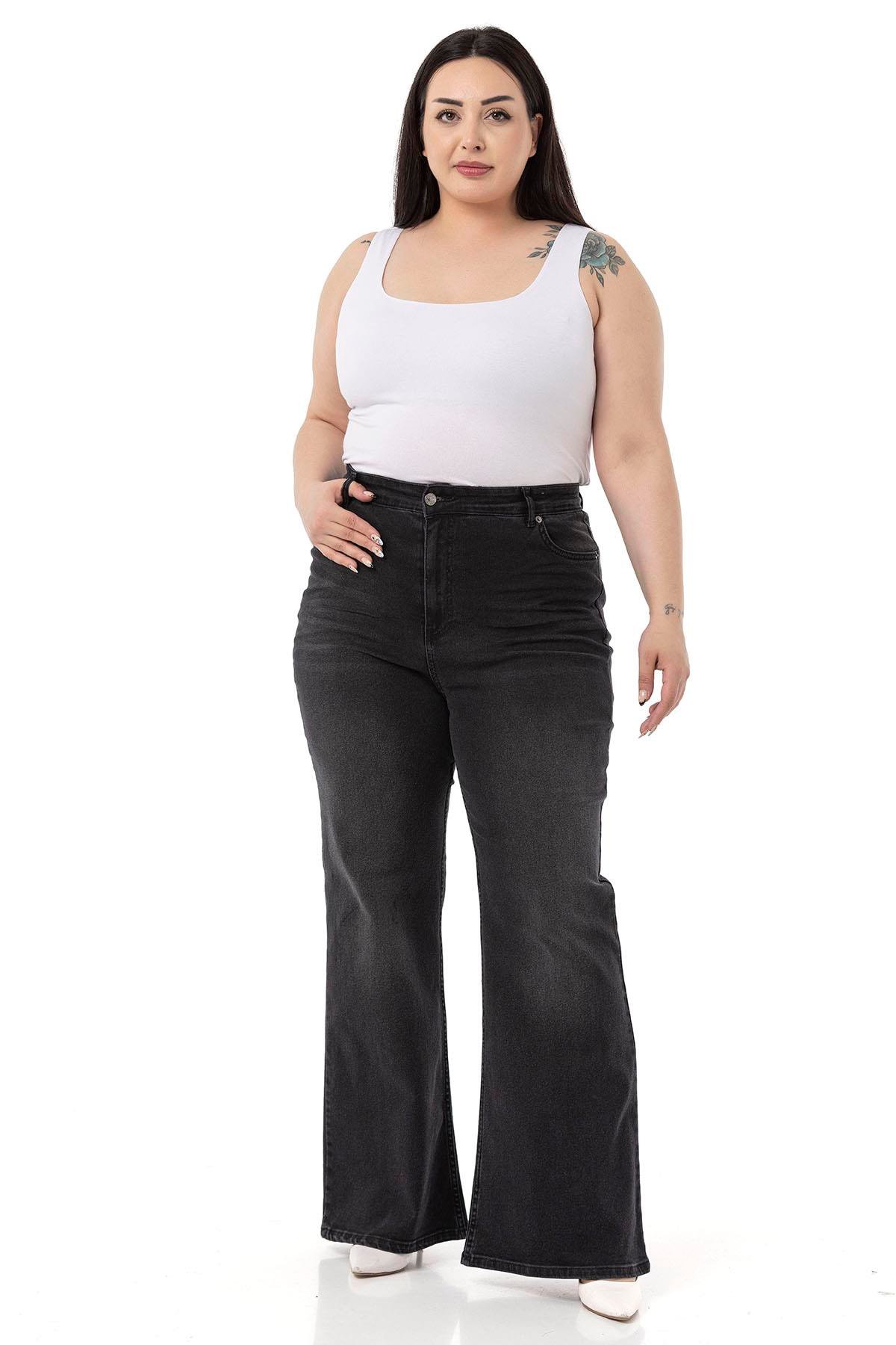 Büyük Beden Önü Kraşlı Yüksek Bel İspanyol Paça Siyah Denim Pantolon