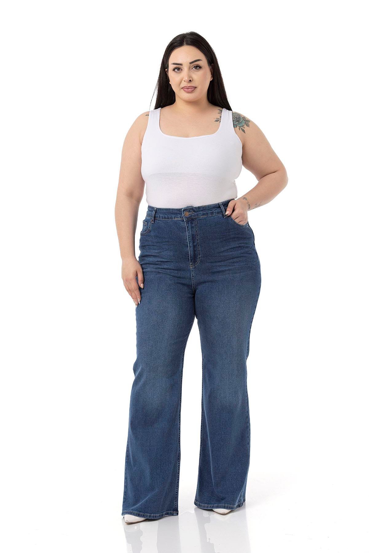 Büyük Beden Önü Kraşlı Yüksek Bel İspanyol Paça Mavi Denim Pantolon