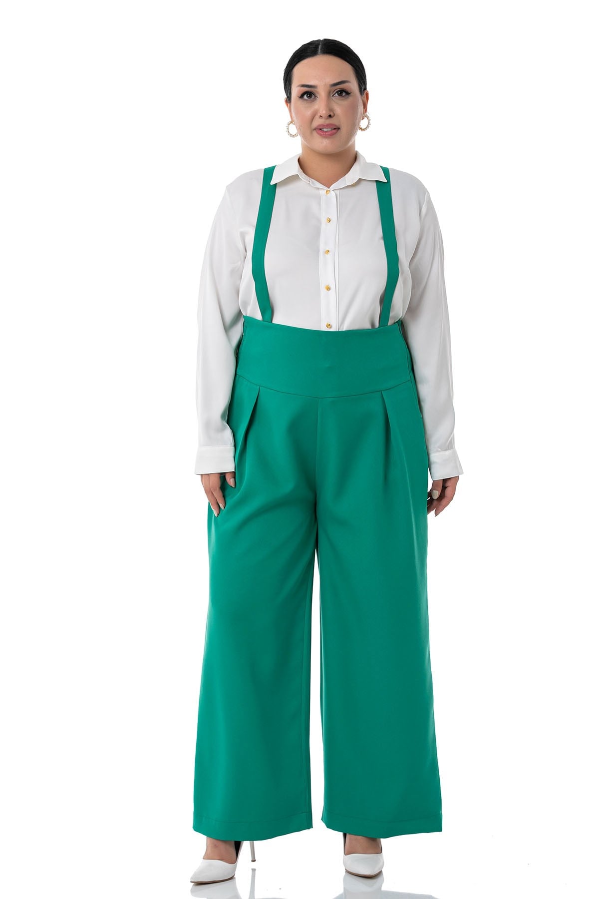 Plus Size Pleated Front Waist Waist Elastic Strap Wide Leg Double Green Trousers